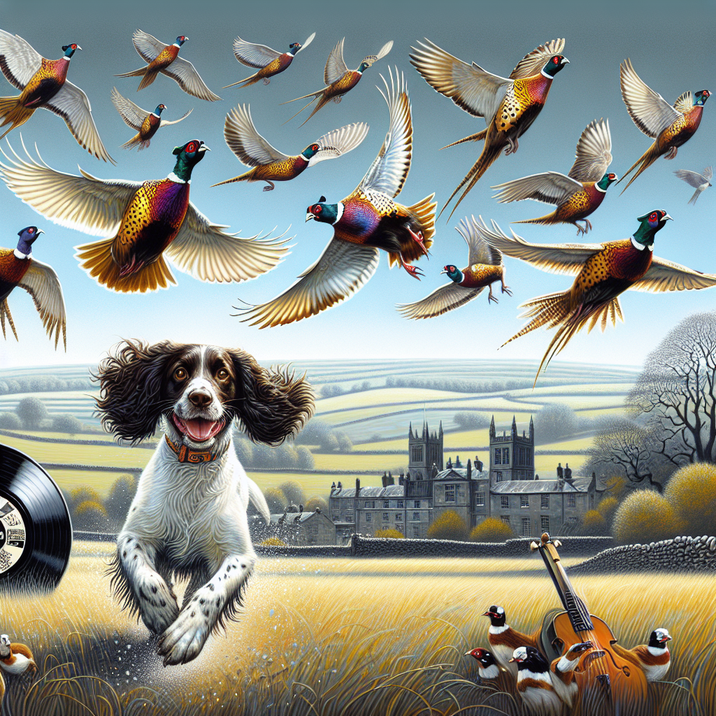 Create a vivid illustration set in the joyous atmosphere of a birthday in the quaint town of Burton on Trent. Pheasants are seen soaring in a whimsical formation against the vast clear spring sky, giving a nod to the tradition of pheasant shooting. In the immediate foreground, a spirited Springer Spaniel is visible in mid-chase, lending a dynamic, lively touch to the scene. Subtly infusing elements of music culture into the background, hint at a classic black and silver album art associated with rock music, harmoniously tying the celebratory theme together.
Generated with these themes: Pheasant shooting, , Burton on trent, Springer spaniel , and AC/DC back in black.
Made with ❤️ by AI.