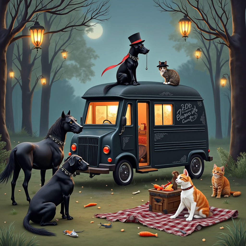 In this delightfully quirky birthday card scene, a gothic-themed campervan, painted in black with intricate white lace designs, is parked at the edge of an enchanting forest clearing under a twilight sky. To the left of the campervan, a pair of elegant black and white horses, with their manes braided with tiny skull beads, are nuzzling each other affectionately. Standing proudly on top of the campervan is a regal black and white cat, wearing a tiny top hat and monocle, giving it a dapper yet humorous appearance. 

In the foreground, two playful black labradors, each wearing a studded leather collar, are engaged in a tug-of-war with a vibrant, ginger and white striped ribbon that they found. To the right, the small tabby cat, adorned with a miniature witch's hat, is perched on an old wooden crate, intently observing the labradors' game with wide, curious eyes. Meanwhile, the ginger and white cat is lazily lounging on a plaid blanket spread out on the grass, next to a vintage-style picnic basket overflowing with goodies like bones for the dogs, carrots for the horses, and a fish-shaped catnip toy for the feline companions. 

The background is dotted with gothic lanterns hanging from the low branches of the trees, casting a soft glow that highlights the whimsical nature of the scene. The blend of gothic aesthetics with the playful interactions of the animals and the quirky elements, like the cat's top hat and the witch's hat, make for a uniquely charming and amusing birthday greeting card.
Generated with these themes: Horses, Black and white cat, Two black labradors, Campervan, Gothic, Ginger and white cat, and Small tabby cat.
Made with ❤️ by AI.