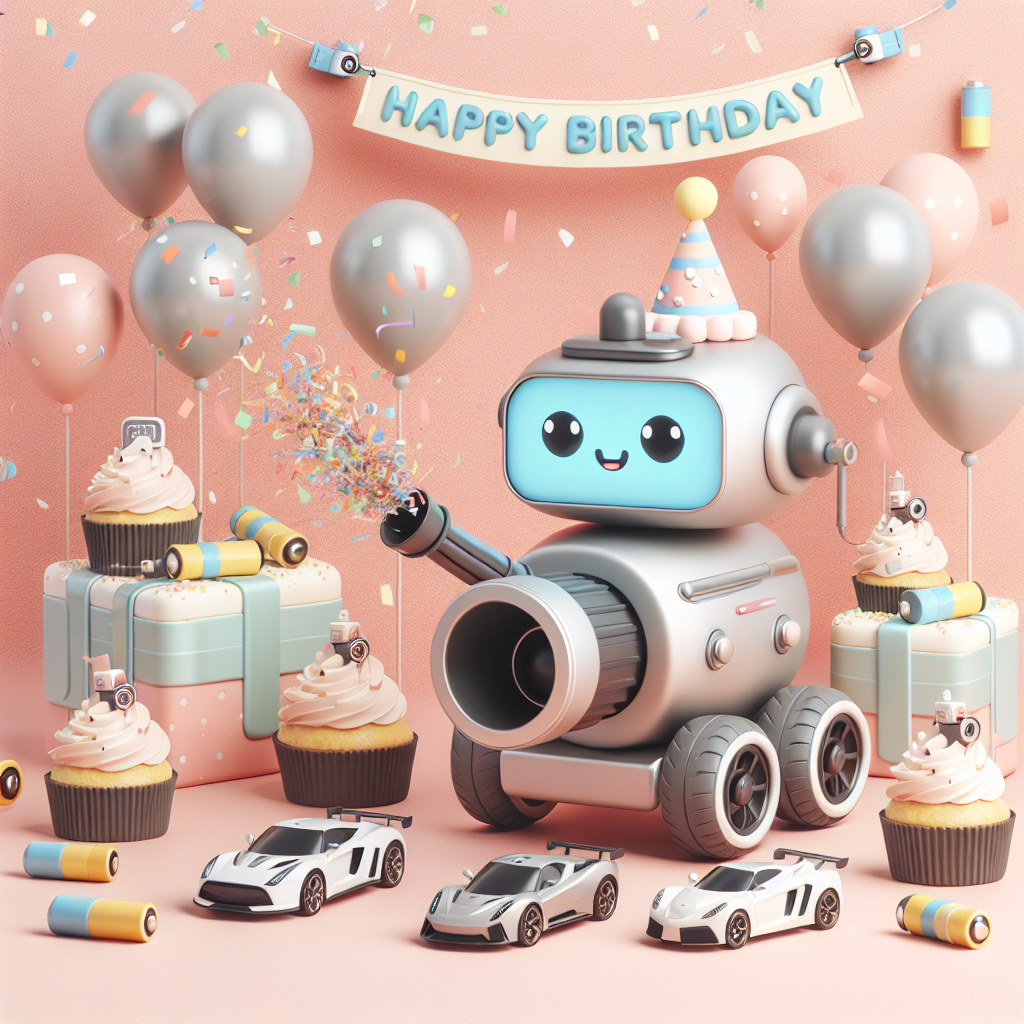 Depict a scene with an adorable, cartoon-style confetti cannon, surrounded by cupcakes adorned with small sports car replicas. There's a soft, pastel-coloured backdrop featuring floating balloons shaped like batteries. Add a jovial, rounded robot holding a banner that reads 'Happy Birthday'. The scenario is set within a playful, party atmosphere, subtly hinting at a spirit of innovation.
Generated with these themes: Arsenal tesla.
Made with ❤️ by AI.