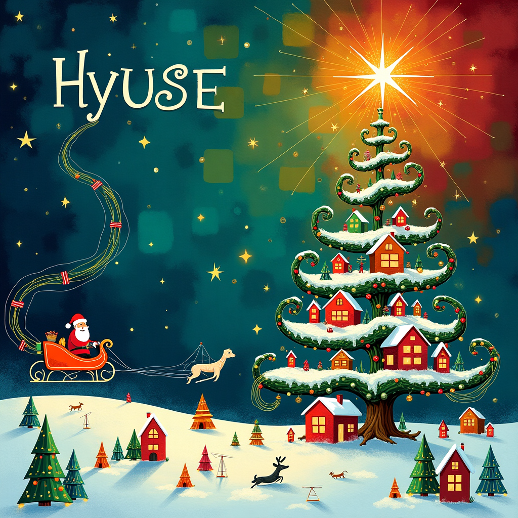 Imagine a vibrant, abstract Christmas scene where each element tells a tale of hydrogen, innovation, and sustainability. In the foreground, a whimsical Christmas tree is constructed from a tangle of scientific instruments and tools, symbolizing innovation and research. The tree's branches are made of intertwined, colorful tubes representing hydrogen fuel cells, glowing with an ethereal blue and green luminescence. Instead of traditional ornaments, the tree is adorned with miniature wind turbines and solar panels, nodding to green industry and renewable energy.

To the left, a sleek, futuristic sleigh powered by hydrogen hovers above the ground, leaving behind a trail of shimmering silver and green swirls—an abstract interpretation of green mobility. Santa, in a lab coat instead of his usual red suit, is holding a blueprint for sustainable housing, with tiny model homes spiraling around him like snowflakes. These homes are made from recycled materials, depicted as quirky geometric shapes inspired by Mondrian's gridwork, each window glowing warmly.

In the sky, a constellation of stars is arranged to spell out "HyUSE," surrounded by a soft mist of Pollock-esque splatters and swirling, cloud-like shapes inspired by Cy Twombly's scribbles. The backdrop is a riot of Rothko-like blocks of deep reds and greens, with a hint of gold, providing a festive and abstract take on a winter night.

A shimmering green ribbon weaves through the entire scene, connecting each element, representing the unity and continuity of sustainable practices. This imaginative, abstract holiday greeting card merges the festive spirit with a vision of a sustainable future.
Generated with these themes: Hydrogen, Innovation, Research, Green mobility, Green industry, and Sustainable housing.
Made with ❤️ by AI.