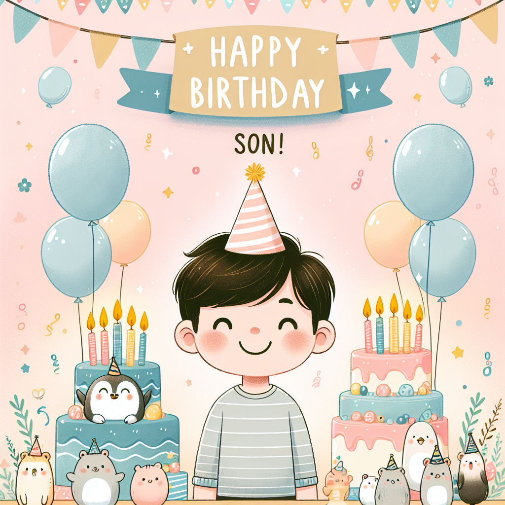 A joyful birthday illustration showcases a 9-year-old boy with a beaming smile, at the center. This boy, let's call him Oscar, is amidst a festive setting with colorful balloons, a towering cake with nine lit candles, and a banner above reading 'Happy Birthday, Son!' Delicate pastel hues and playful animals wearing party hats add to the cute vibe of the scene.
Generated with these themes: Oscar, 9, and Son.
Made with ❤️ by AI.