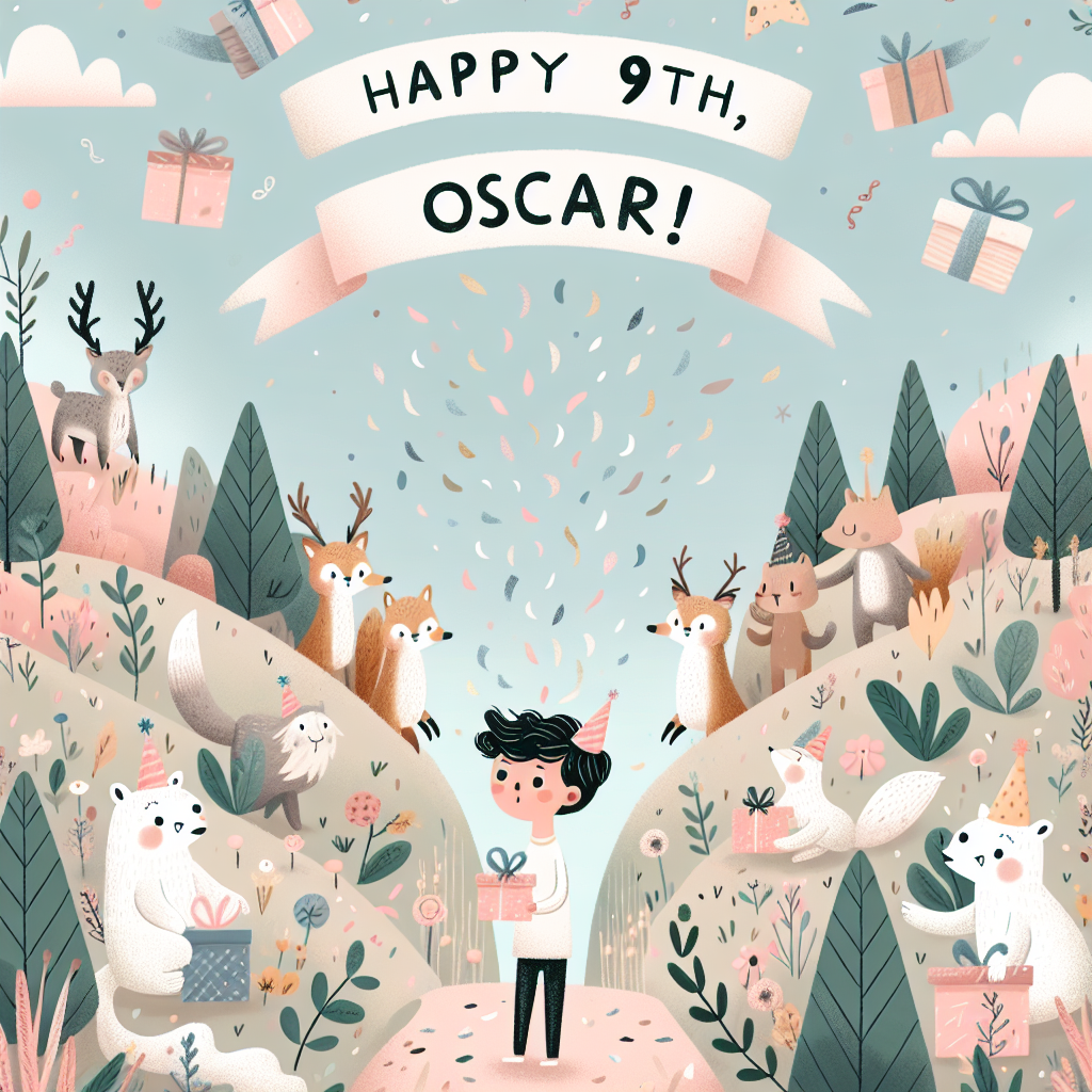 Create a captivating birthday scene for a 9-year-old boy named Oscar. He is portrayed amidst a whimsical landscape, populated with cartoon-style woodland creatures offering gifts. A gentle stream of confetti is visible, fluttering in the air, setting a celebratory atmosphere. Dominating the image are soft, pastel colors which add to the charm of the illustration. Across the sky, the phrase 'Happy 9th, Oscar!' is inscribed in child-like handwriting, emphasizing the birthday boy's special day.
Generated with these themes: Oscar, 9, and Son.
Made with ❤️ by AI.