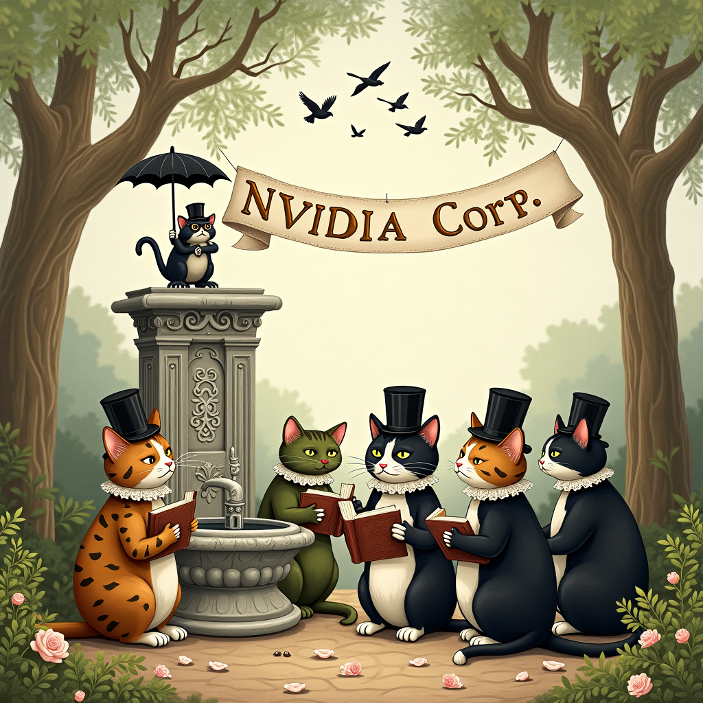 In this whimsical sympathy card illustration, we are transported to a fantastical garden where a bunch of anthropomorphic cats, dressed in Edwardian-era mourning attire, gather around a tiny, intricately detailed fountain. The fountain, crafted from ornate stone, has small fish carved into its base, reminiscent of Arthur Rackham's storytelling charm. Perched atop the fountain, a frog with a solemn expression holds a delicate black umbrella over the cats, capturing a hint of Maurice Sendak's playful absurdity.

The cats, a motley crew of tabby, calico, and tuxedo patterns, each don exaggeratedly large, lacy collars and tiny top hats, a nod to the whimsical style of Beatrix Potter. One cat, with spectacles precariously perched on its nose, reads aloud from an old, leather-bound book titled "The Great Cat Nap" with a mournful expression, echoing Quentin Blake's dynamic character depiction.

In the background, we see a towering, gnarled willow tree with branches that bend and sway as if whispering secrets to the wind, creating an enchanted forest atmosphere akin to Maxfield Parrish's landscapes. The ground is littered with leaves and small, scattered rose petals, their color muted to reflect the somber gathering.

Above this entire scene, a small flock of birds carries a ribbon banner through the sky. The banner, made of delicate white fabric, flutters in the breeze and bears the embroidered message, "NVIDIA Corp." in elegant, looping script. The letters are stitched in soft gold thread, catching the sunlight and glimmering subtly against the overcast sky, much like the ethereal skies Gustave Doré often imagined.

This charming, slightly surreal illustration captures a story of collective feline sorrow, turning a moment of sympathy into a narrative that resonates with the quirky yet tender elements inspired by iconic artists.
Generated with these themes: a bunch of sad cats .
Made with ❤️ by AI.