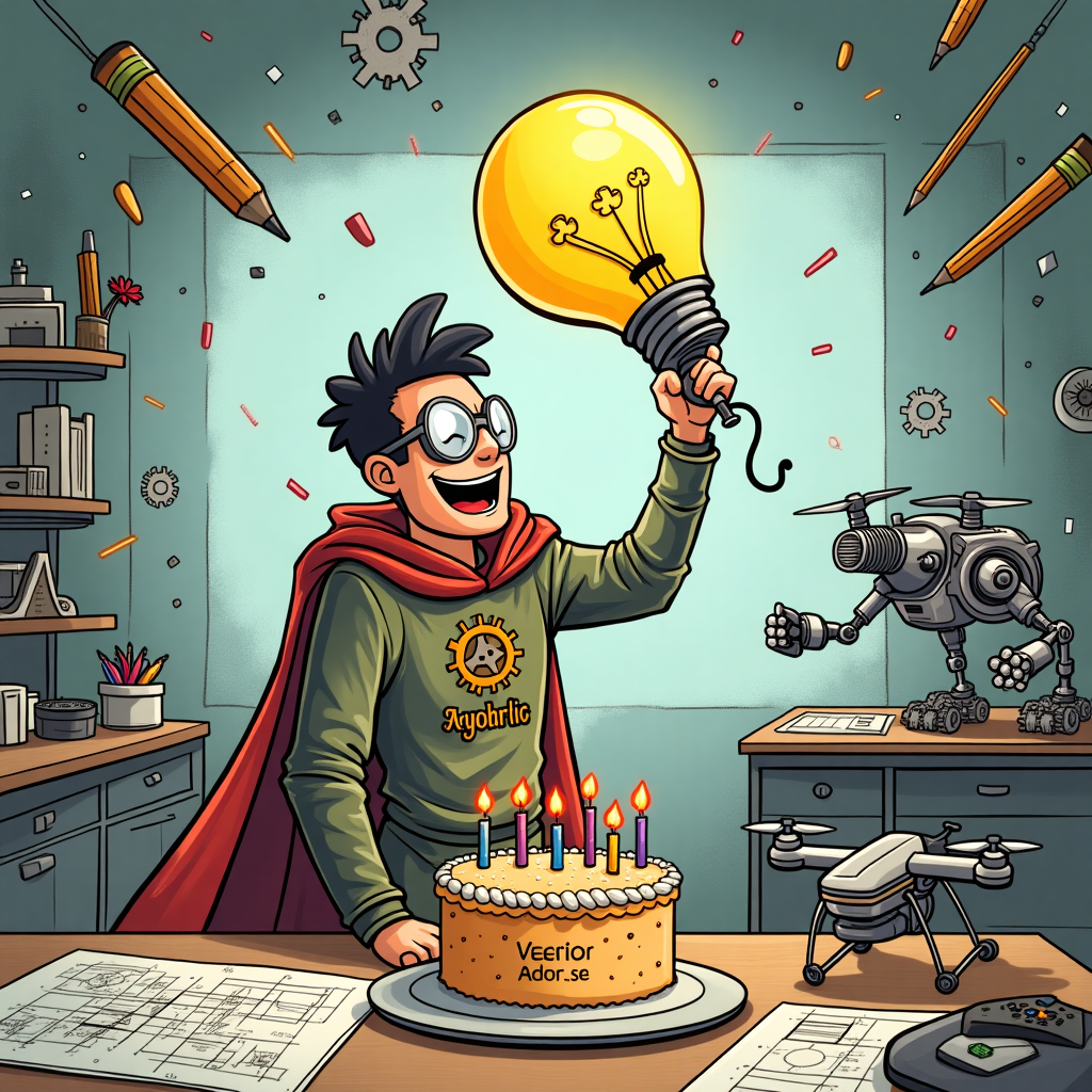 **Image Prompt:**

A cartoon-style scene featuring a chaotic yet hilarious engineering workshop: gears are flying, blueprints are being chewed by a confused robot dog, and a bridge model made from birthday cake and pencils is wobbling dangerously. In the center, Tío Adriel—dressed in a superhero cape made of circuit diagrams—is triumphantly holding up a birthday balloon shaped like an over-engineered light bulb. His safety goggles are fogged up, and a tiny drone is trying to light the candles on a birthday cake labeled "Version 4.0: Now with frosting-resistant structural integrity."

**At the top of the cartoon image:**  
**"Happy Gear-thday, Tío Adriel – Still Holding It Together with Duct Tape & Genius!"**
Generated with these themes: Front Cover: A sleek design featuring gears, circuit patterns, and drafting tools, symbolizing the essence of engineering. In the center, a bold text reads: "Engineering Brilliance, One Year at a Time: Happy Birthday, Adriel!" Inside the Card: On the left side: A graphic of interconnected gears or a bridge under construction, showcasing the creative and technical aspects of engineering. On the right side: A heartfelt message, like: "Happy Birthday to an extraordinary engineer! Your vision, creativity, and dedication inspire everyone around you. May this year bring more incredible designs, successful projects, and fulfilling moments both at work and in life. Here's to celebrating your talent and passion—cheers to you, Uncle Adriel!" Back Cover: A playful tagline like: "Crafted with precision and powered by love." Would you like to add a specific touch related to his favorite projects or achievements? Let me know! We can refine the design even more to make it truly personal..
Made with ❤️ by AI.