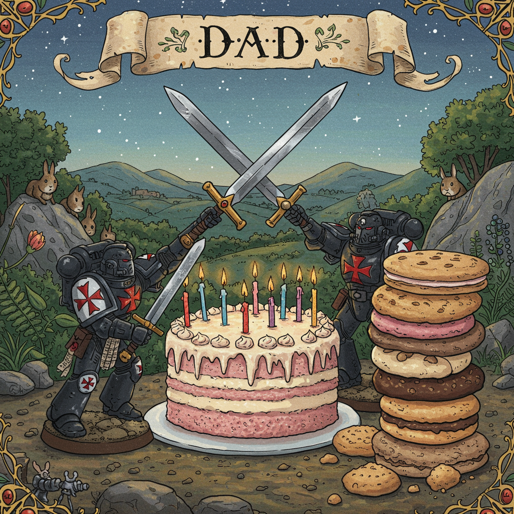 In the foreground, imagine an exaggerated, humorous battle scene where two miniature Warhammer Black Templars, clad in their iconic black power armor adorned with white crosses and red detailing, are engaged in an epic yet lighthearted duel. Their swords, grand and intricately detailed, are crossed dramatically above a large birthday cake. The cake is comically oversized and decorated with elaborate icing patterns, rich shades of creamy white and pastel pinks, and topped with tiny, realistic plastic swords instead of candles.

To the right of this scene, a whimsical stack of assorted biscuits towers precariously, with delicious layers including ginger snaps, chocolate-covered digestives, and brightly colored macarons. Each biscuit is illustrated with loving detail, down to the crumbs and shine of the chocolate glaze.

Above this entire tableau, a playful banner unfurls across the sky, reminiscent of an Edwardian fair banner with curls and flourishes. The word "Dad" is emblazoned in bold, hand-lettered type, each letter wrapped in miniature vines or tendrils like those found in an Aubrey Beardsley drawing, adding a touch of elegance.

In the background, the landscape features rolling hills with lush greenery, painted in the soft, luminous style of Maxfield Parrish. A smattering of fantastical, Beatrix Potter-esque animals, like rabbits and squirrels, peek from behind rocks or trees, their curious eyes watching the duel with interest. The sky above is a twilight gradient of deep blues and purples, dotted with twinkling stars that gleam like diamonds.

On the edges, Quentin Blake-inspired doodles of tiny Warhammer figurines and biscuit crumbs add an extra layer of quirky charm, inviting viewers to discover every detailed nook and cranny of this playful, detailed scene.
Generated with these themes: Warhammer Black Templars, Biscuits, and Sword .
Made with ❤️ by AI.