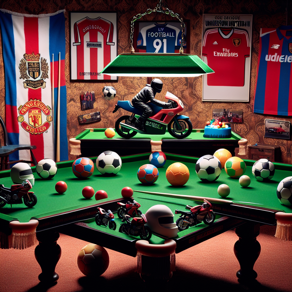 A birthday scene is imagined in a cosy, warmly illuminated room where the centerpiece is a snooker table, adorned with generic football team scarfs. Miniature motorbikes are artfully arranged to serve as snooker cues, and the traditional, multi-colored balls have been substituted with football-themed helmets. Hanging on the walls are whimsical posters illustrating unknown football players atop motorbikes, aiming for snooker pockets. In one corner, an ingeniously designed cake that imitates a motorbike tire awaits to be cut with a cue stick.
Generated with these themes: Tottenham Hotspur, Snooker, and Motorbikes.
Made with ❤️ by AI.