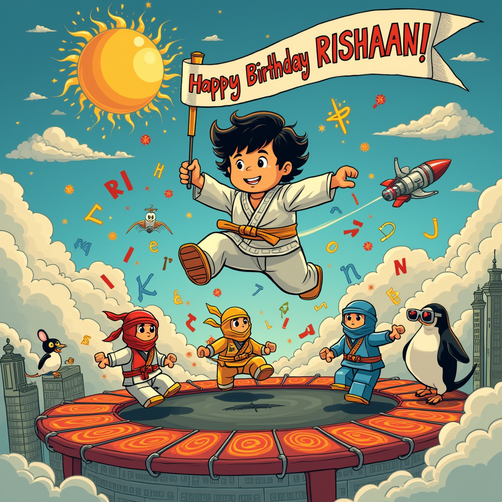 In the whimsical world of Rishaan's birthday card, the scene is set in an enchanting dojo nestled in the clouds, floating high above a vibrant cityscape reminiscent of Tezuka's futuristic visions. The dojo is a trampoline floor designed with intricate patterns, and in the center, a lively group of cartoon Ninjago characters bounce and flip, each sporting vivid, playful gi uniforms adorned with cheerful, multicolored patches. One of the ninja, with expressive eyes reminiscent of Bill Watterson's characters, executes an impeccable roundhouse kick, sending a piñata shaped like a birthday cake, floating in mid-air. Pieces of the piñata burst open like a kaleidoscope of candy confetti, raining down over the scene.

In the foreground, a young Taekwondo artist, styled in the simple yet profound lines akin to Schulz’s Peanuts, balances gracefully on the edge of the trampoline, ready to spring into action. His belt flutters in the air like a banner, spelling out "Happy Birthday Rishaan!" in vibrant, cartoonish letters. Above, the sky is a dreamy palette of twilight hues, echoing Winsor McCay's magical landscapes, and features a series of clouds whimsically shaped into the letters of Rishaan’s name. Each cloud letter is painted with soft golden edges, catching the light of a whimsical sun wearing oversized sunglasses, smiling down on the festivities.

Scattered around the dojo are various Easter eggs inspired by the legacy of Disney and Hergé: a mouse in ninja attire peeking from behind a cloud, and a tiny rocket ship sailing across the horizon, leaving a sparkling trail. A whimsical penguin, styled in R. Crumb's distinctive, detailed lines, sits nearby with a pair of binoculars, eagerly watching the acrobatics unfold. The whole scene is framed in a comic-style border, with Art Spiegelman-esque details, providing a rich tapestry of fantastical elements that make Rishaan's birthday an adventurous celebration of martial artistry and imagination.
Generated with these themes: Taekwondo , Ninjago, and Trampoline .
Made with ❤️ by AI.