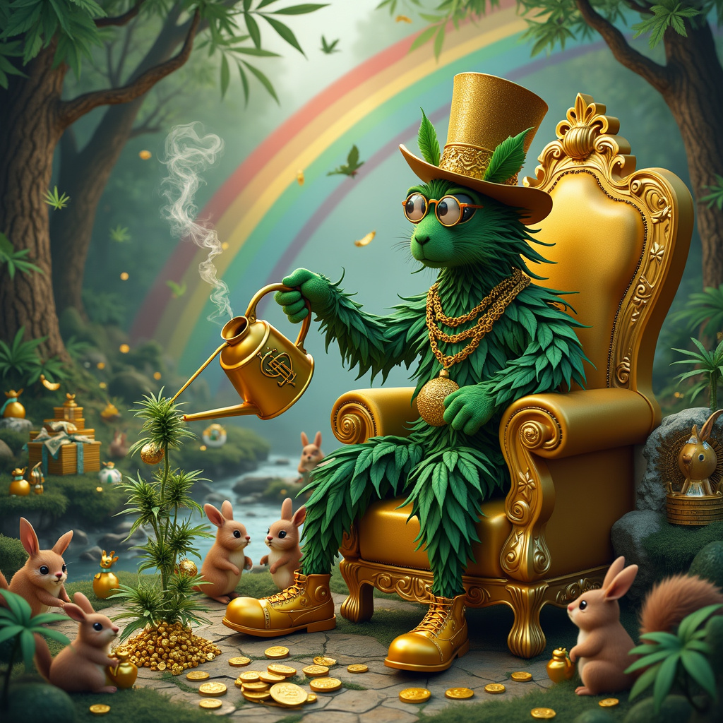In the scene, a whimsical, lush forest setting is bustling with activity. In the foreground, there's a life-sized anthropomorphic marijuana plant wearing a sparkling gold chain and a snazzy top hat made of rolled-up $100 bills. This plant, let's call him "Weedward," is sitting on a golden throne shaped like a dollar sign. The throne is intricately detailed with leafy patterns and little emeralds embedded into the design. 

Weedward is holding a gleaming, gold-plated watering can, and he's watering a patch of mini marijuana plants, each adorned with miniature money bags hanging from their branches like ornaments. Surrounding Weedward are a group of quirky forest animals—rabbits, squirrels, and birds—all of whom are holding tiny sacks of gold coins and dollar bills, as if they are his loyal subjects offering tributes. 

In the background, you can see an enchanted money tree with its branches heavy with greenbacks fluttering like leaves. The trunk of the tree is made of solid gold, with little gold coins scattered around its base. To the left, there's a babbling brook with water that sparkles as if it's liquid gold, and on its banks, there’s a pile of treasure chests overflowing with more gold coins and bundles of cash.

Adding a humorous touch, one of the squirrels is wearing a monocle and a tiny top hat, mimicking Weedward’s style, while another is doing a handstand on a stack of coins, showing off. High in the sky, a rainbow arcs across, but instead of a pot of gold at the end, there's a pot of weed with smoke forming the words "Happy Birthday" in playful, swirling script. 

This fantastical, opulent scene perfectly melds the themes of weed, money, and gold into a fun and detailed birthday card cover.
Generated with these themes: Weed, Money, and Gold .
Made with ❤️ by AI.
