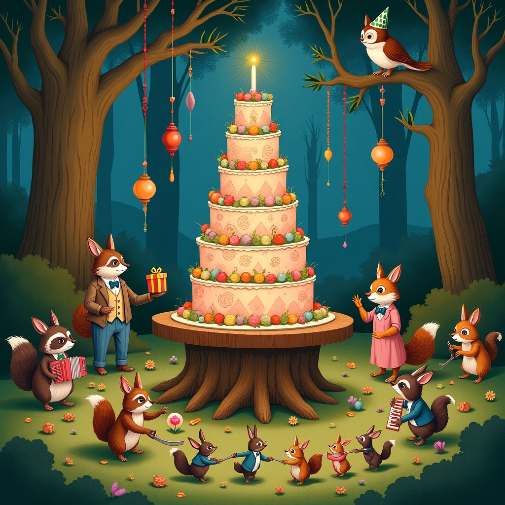 In a bustling woodland clearing, illuminated by the soft glow of twilight, a whimsical birthday party is in full swing, blending the intricate line work reminiscent of Aubrey Beardsley with the playful chaos of Quentin Blake. At the center of the scene, a grand, elaborately decorated cake stands atop a table fashioned from an enormous tree stump. The cake is a towering masterpiece, frosted with swirling pastel colors and adorned with miniature edible woodland creatures—rabbits, squirrels, and hedgehogs—each delicately crafted with a nod to Beatrix Potter’s charming detail.

Around the cake, a lively gathering of woodland animals dressed in Victorian-style attire reminiscent of Norman Rockwell’s attention to detail, cheerfully engage in party antics. A group of raccoons, in tiny waistcoats and top hats, juggle brightly colored acorns, their tails a blur of motion. Nearby, a dapper fox wearing a monocle and bowtie plays a small accordion, serenading a family of rabbits who dance on their hind legs, their ears bouncing to the rhythm.

Hanging above, streamers and lanterns made from hollowed gourds and leaves, glowing warmly, cast a gentle light over the scene, their whimsical design echoing the fantastical elements of Arthur Rackham. Perched on the branch of a grand old oak tree, an owl wearing a jaunty beret oversees the festivities, occasionally hooting a merry tune in harmony with the fox’s accordion.

In the foreground, a small hedgehog wearing a polka-dotted party hat, reminiscent of the charming characterizations found in Maurice Sendak’s work, carries an oversized, intricately wrapped present towards the cake, its tiny legs wobbling under the weight. Behind it, a line of tiny mice in Edward Gorey-esque suits, each holding a miniature balloon, follows in a perfectly synchronized parade, adding a touch of whimsy and orderly chaos to the scene.

In the background, the forest itself seems to join in the celebration; the trees, drawn with the grandeur of Gustave Doré, have branches adorned with twinkling lights, while the ground is carpeted in a rainbow of wildflowers and fallen leaves, capturing Maxfield Parrish’s vibrant use of color. This enchanting scene, filled with delightful details and nods to the beloved artists, creates a charming and humorous birthday celebration in the heart of a magical forest.
Generated with these themes: test.
Made with ❤️ by AI.