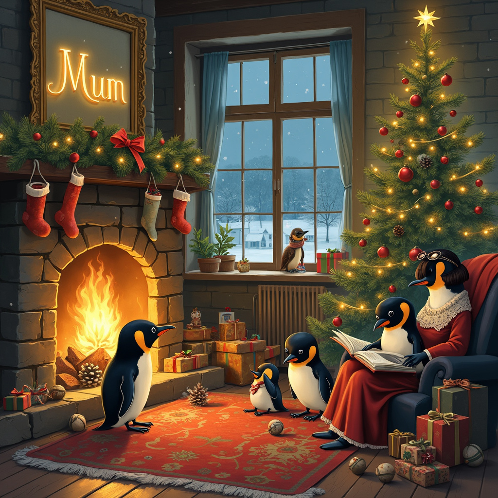 The scene is set inside a cozy, rustic living room, imbued with an old-world charm reminiscent of Norman Rockwell's timeless paintings. At the heart of the room stands a majestic Christmas tree, its lush branches adorned with vintage ornaments, tinsel, and twinkling fairy lights. Underneath, neatly wrapped presents in festive paper and ribbons create a colorful patchwork on the floor.

In front of a roaring log fire, a family of anthropomorphic penguins, dressed in quaint Victorian attire, are gathered. The penguin parents, in their elegant attire—Dad in a waistcoat and bow tie, and Mum in a Victorian-style dress with lace trimmings—are lovingly watching their three penguin children, who are gleefully decorating the tree and playing with their toys.

Grandma penguin, an adorable matriarch with tiny spectacles perched on her beak and a cozy shawl wrapped around her, sits in a rocking chair by the fire. She holds a storybook, its pages worn with love, reading to the youngest penguin child who sits on her lap, captivated by the tale.

On the mantle above the fireplace, a garland of pinecones and holly drapes elegantly, and hung stockings hint at the magic to come. In the background, the wall is adorned with a family portrait of these same penguins, framed in ornate gold.

Snow gently falls outside the window, visible through the frosty panes. The word "Mum" is artistically written in the snowy landscape beyond the window, the letters made from twinkling Christmas lights that shine brightly against the dark, wintry night.

The floor is scattered with an array of old-fashioned toys—wooden soldiers, a spinning top, and a delicate porcelain doll—creating a sense of nostalgia and timelessness. A plush, richly patterned rug grounds the scene, adding warmth and texture.

The artist should incorporate detailed textures—feathers of the penguins, the bark of the log fire, the intricate lace of Mum's dress—to evoke a tactile richness, drawing from the illustrative intricacies of Arthur Rackham and Beatrix Potter, while embracing the whimsicality of Quentin Blake and the narrative depth of Maurice Sendak.

In this tableau, every element harmoniously combines to tell a story of family togetherness, tradition, and the gentle passage of time, all underlined by the loving presence of "Mum," whose name sparkles warmly from the snowy night outside.
Generated with these themes: Traditional Christmas , Penguins, Family, Grandma , Christmas tree, and Log fire.
Made with ❤️ by AI.