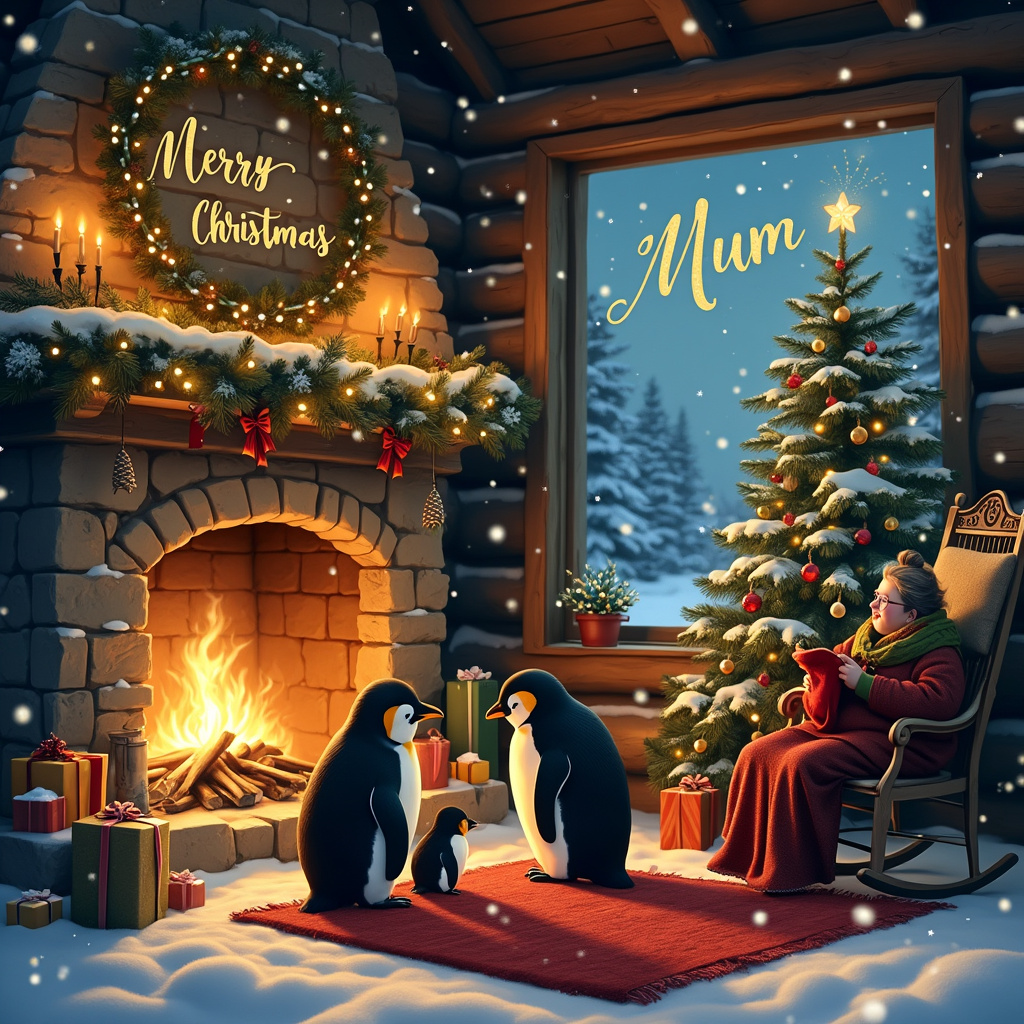 In a cozy, snow-covered log cabin nestled in a quiet, moonlit forest, the front cover of this Christmas card captures a heartwarming family moment. The centerpiece of the scene is a beautifully decorated Christmas tree, adorned with twinkling fairy lights, shimmering tinsel, and vintage ornaments. Underneath the tree, neatly wrapped presents with colorful ribbons await eager hands.

To the left of the tree, a large, roaring log fire crackles in a stone fireplace, casting a warm, golden glow throughout the room. Above the mantelpiece, a garland of holly and ivy is intertwined with delicate string lights. A rustic wooden shelf above the fireplace holds a framed family photo and a few carefully placed candles, flickering gently.

In front of the fireplace, a family of penguins—wearing tiny red and green scarves—sit together on a plush, deep red rug. They huddle close, with the youngest penguin nestled snugly between the parents. To the right of the fireplace, an old-fashioned rocking chair holds a plump, grandmotherly penguin knitting a red and green Christmas stocking.

The background wall is decorated with festive wreaths and a large banner that spells out "Merry Christmas" in elegant cursive, made from gold and red glitter. Above the banner, the word "Mum" is ingeniously written in the whorls of smoke rising from the fireplace, forming delicate, ephemeral letters that float upwards and merge into the starry night sky visible through the window.

Outside the window, snowflakes drift lazily, settling on the pine trees that stand tall and silent, completing this enchanting Christmas scene.
Generated with these themes: Traditional Christmas , Penguins, Family, Grandma , Christmas tree, and Log fire.
Made with ❤️ by AI.