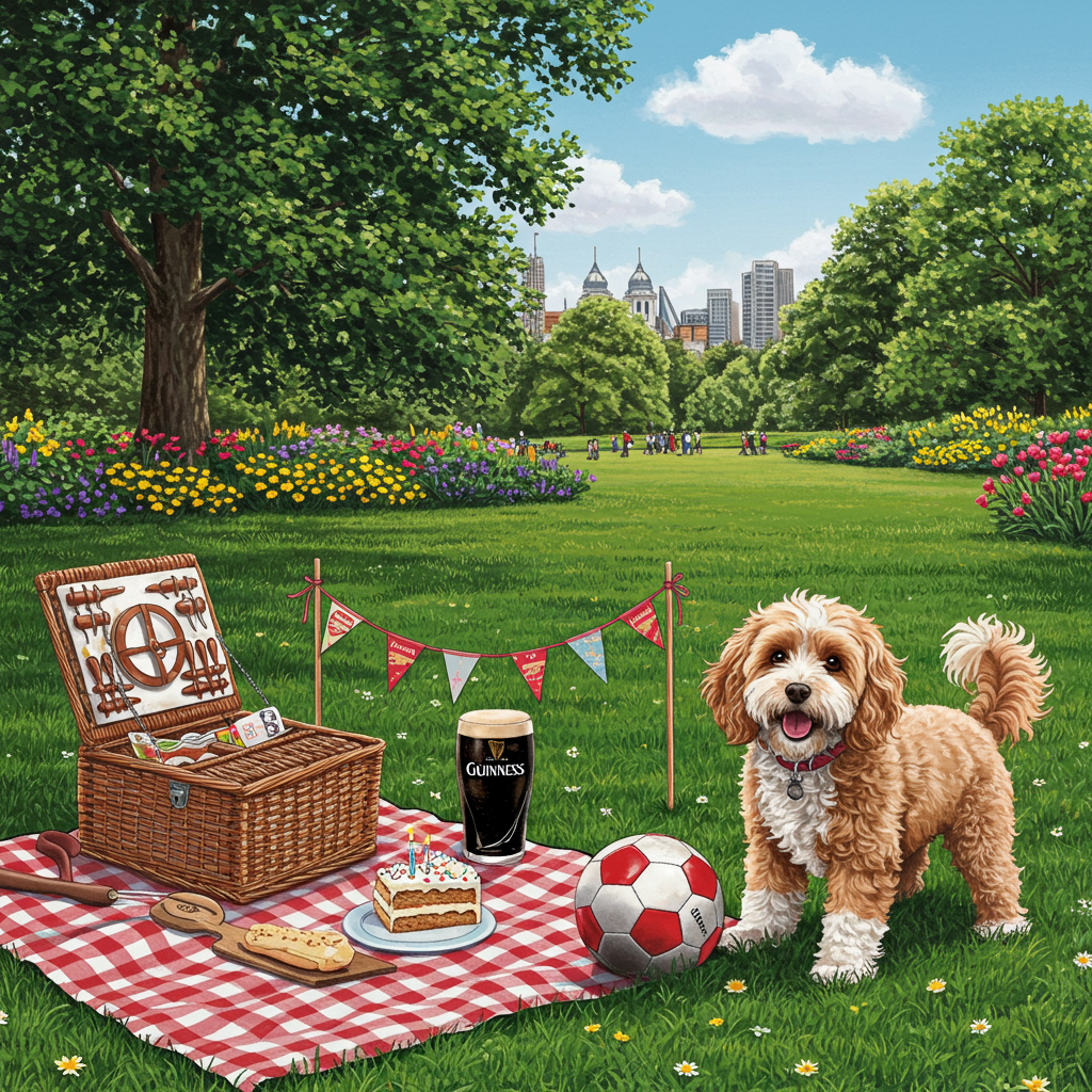 The front cover of the birthday greeting card should depict a lively and vibrant scene in Regent's Park. In the foreground, a fluffy Cavapoo with curly apricot and white fur is joyfully playing fetch with an Arsenal football. The football has a distinctive red and white design with the iconic Arsenal logo visible.

To the left of the Cavapoo, a picnic blanket is spread out with an open basket revealing a pint of Guinness, its dark body topped with a creamy head of foam. A slice of birthday cake, with white icing and sprinkles, sits next to the glass. The name "Eilidh" is written in elegant, cursive script on a small pennant banner that is strung between two wooden stakes planted in the ground near the cake.

The background features the lush, green lawns of Regent's Park, dotted with vibrant flowers in shades of yellow, red, and purple. The trees are full with summer leaves, their rich green hues creating a natural canopy. In the distance, one can glimpse the iconic rooftops and architecture of London, with a clear blue sky above and a few fluffy white clouds scattered across it. The scene is detailed and realistic, capturing the essence of a delightful day in the park, blending elements that appeal to both pet lovers and football fans.
Generated with these themes: Cavapoo, Arsenal, Regent's Park, and Guiness.
Made with ❤️ by AI.