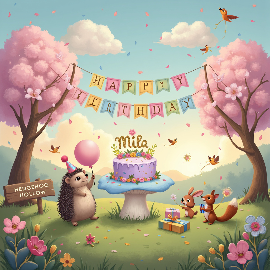 In the whimsical world of Hedgehog Hollow, a pastel-colored wonderland unfolds with a cheerful birthday celebration in full swing. At the heart of the scene, a charming hedgehog named Harriet, adorned in a tiny party hat with a bright pink pom-pom, stands on her hind legs atop a fluffy green hill. She holds a pastel pink balloon in one paw and a slice of cake in the other, her little face beaming with joy.

To the left of Harriet, a large, pastel blue and purple toadstool serves as a party table. On it, an elaborately decorated birthday cake sits center stage, frosted in light lavender and adorned with miniature edible flowers. The cake topper reads "Happy Birthday Mila" in glittery gold letters, with the name "Mila" standing out prominently.

Above the toadstool, colorful bunting made of pastel shades of pink, blue, yellow, and green is strung between the branches of two cherry blossom trees in full bloom, their petals falling gently like confetti. The bunting spells out "Happy Birthday Mila" in playful, curvy letters.

To the right, a group of Harriet’s forest friends – a bunny, a squirrel, and a tiny fox – are gathered around, wearing party hats and holding presents wrapped in pastel-colored paper with oversized bows. The bunny is holding a gift with a tag that says "For Mila" while the squirrel is mid-dance, holding a sparkler.

In the sky above, fluffy clouds are tinged with pastel hues of pink and orange as the sun begins to set, casting a warm glow over the scene. The clouds form the letters of Mila’s name, subtly integrating it into the natural elements of the scene. A few birds, also adorned in tiny party hats, are flying around, carrying streamers in their beaks that trail behind them in the wind.

To complete the scene, a small, quaint wooden signpost with "Hedgehog Hollow" written in curvy letters stands at the bottom left corner of the hill, guiding the way to this magical celebration. The background is filled with rolling pastel hills and dotted with clusters of wildflowers, creating a perfect setting for this enchanting birthday party for Mila.
Generated with these themes: Hedgehog, pastel colors, cuteness, party, .
Made with ❤️ by AI.