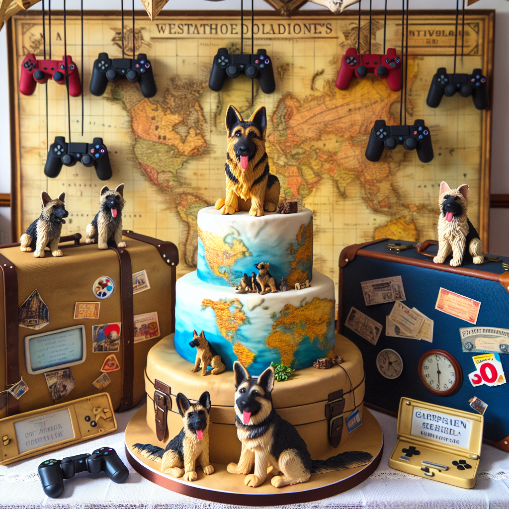 Create an image of an engaging scene for a 30th birthday party, blending enthusiasms for journeys and video games, along with an adoration for German Shepherds and Springer Spaniels. The setting comprises lively cartographic designs and vintage travel cases as the core décor elements. Tiny game consoles hang from above, serving as unusual embellishments. Central to the layout, there is a two-tiered birthday cake artistically iced to emulate a world map, with eatable depictions of German Shepherds and Springer Spaniels placed as if they are eager to commence a thrilling journey around the world.
Generated with these themes: Travel, German shepered , Springer spaniel, 30th birthday, and Gamer.
Made with ❤️ by AI.