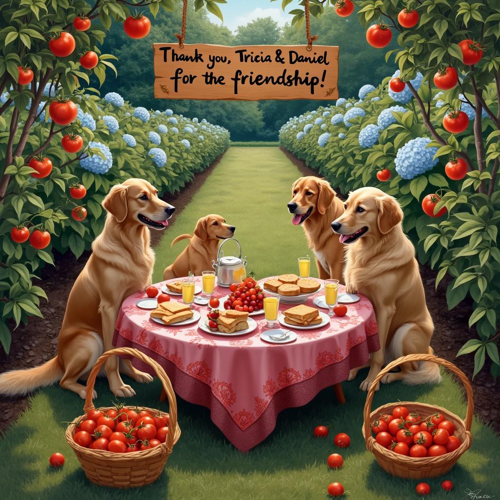 In the first variation, a sprawling garden brims with vibrant tomatoes and lush hydrangeas, casting a serene backdrop. Golden retrievers, jubilant and friendly, frolic among the greenery. Tricia and Daniel, the esteemed guests, are seated at a heart-shaped table adorned with non-romantic decorations such as geometric patterns and nature motifs. The table is laden with an abundant spread of finger sandwiches, refreshing lemonade, and bowls of cherries and grapes, hinting at a casual summer luncheon. A hand-painted sign with flowing script hangs above them: 'Thank you, Tricia & Daniel, for the friendship!' Surrounding the scene, heart-shaped sculptures made of twisted vines and wood stand, further emphasizing gratitude over romance. Multiple tomato plants, heavy with ripe fruit, line the garden's edges and a basket overflowing with more tomatoes sits at Tricia and Daniel's feet, a testament to the garden's bounty.
Generated with these themes: Golden retreivers, Large garden, Tomatoes, Hydrangeas, A few friends, Thank you NOT birthday, Heart shaped items NOT romantic, Lunch or drinks together with friends, More tomatoes, and More golden retreivers.
Made with ❤️ by AI.