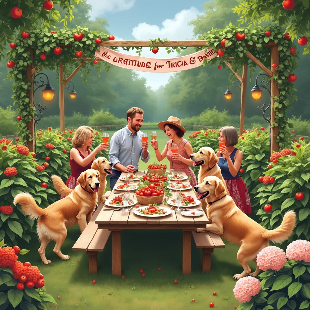 The second variation showcases a vast garden, with Tricia and Daniel at its heart, enjoying a lively gathering with a few close friends. The golden retrievers playfully weave between the guests, embodying the garden's joyous spirit. A long, rustic wooden table is set for lunch, brimming with vibrant dishes centered around garden-fresh tomatoes, with an impressive hydrangea centerpiece. Above the table, a banner of intertwined greenery and heart-shaped leaves reads, 'Gratitude for Tricia & Daniel.' Each friend raises a glass in cheers, clinking together in a toast of thanks, while additional glasses await on a handcrafted drink trolley, garnished with tomato and hydrangea accents. As laughter fills the air, more golden retrievers arrive, each carrying a small basket of tomatoes in their mouths, delivering the bounty directly to the table amidst the appreciative exclamations of the gathered friends.
Generated with these themes: Golden retreivers, Large garden, Tomatoes, Hydrangeas, A few friends, Thank you NOT birthday, Heart shaped items NOT romantic, Lunch or drinks together with friends, More tomatoes, and More golden retreivers.
Made with ❤️ by AI.