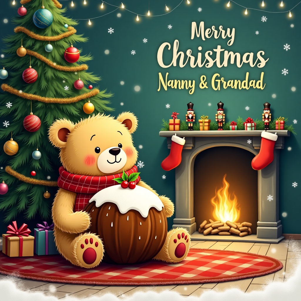 In a whimsical, enchanted corner of a cozy room adorned with twinkling fairy lights, a plump and cheerful teddy bear with plush golden-brown fur sits cross-legged on a checkered, red-and-green rug. His glassy eyes, brimming with childlike wonder, gaze joyously as he proudly cradles a perfectly round Christmas pudding. This isn't any ordinary pudding; it's adorned with a face that beams with delight—rosy cheeks, a jolly smile, and twinkling raisin eyes peering from beneath a sprig of holly. The teddy bear, wearing a bright red scarf with white snowflake patterns, is nestled beside a grand, festively decorated Christmas tree. The tree is a magnificent evergreen, its boughs thick with glistening tinsel, an array of vibrant baubles, and delicate strands of popcorn garland. Atop the tree, a shimmering star casts a gentle glow over the scene. Beneath its branches, small wrapped presents peep out, their shiny paper and big bows promising untold wonders. Behind the tree, a fireplace flickers warmly, and on its mantelpiece, miniature nutcrackers stand in a row, with stockings hanging beside them, filled to the brim. Above this heartwarming scene, in elegantly hand-lettered script, are the words "Merry Christmas Nanny & Grandad," arching gracefully like a gentle snowfall. This card, with its intricate details, draws inspiration from the imaginative styles of illustrators like Maurice Sendak and Beatrix Potter, capturing the spirit of nostalgia and whimsy while telling a story of festive joy and familial love.
Generated with these themes: Teddy bear holding Christmas pudding with a smiley face sat by a Christmas tree. Include text "Merry Christmas Nanny & Grandad" .
Made with ❤️ by AI.