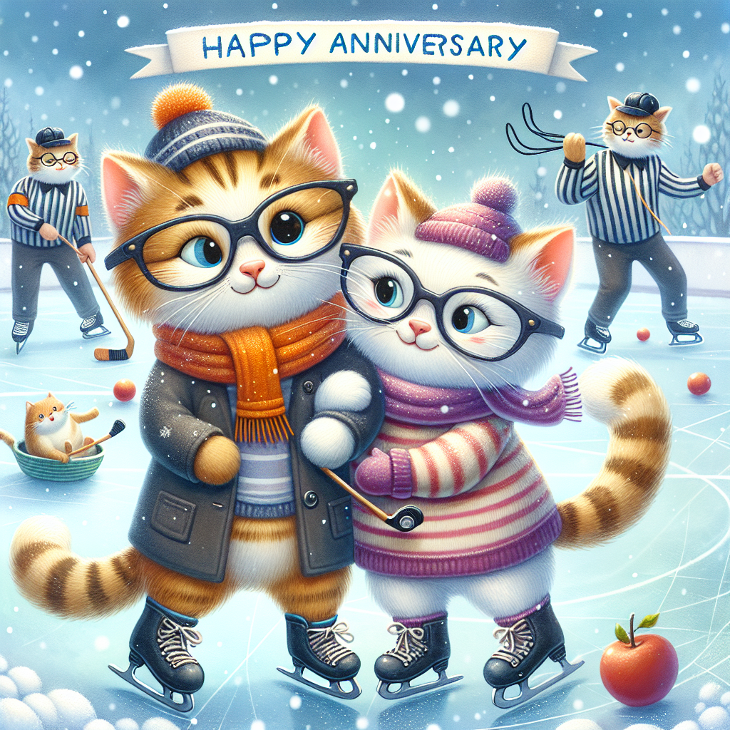 Create a heartwarming anniversary image that depicts a whimsical, winter scene on an ice rink. At the center, a couple of cats wearing spectacles and warm scarves, skate together, hand-in-hand (or paw-in-paw), and smile affectionately at each other. Meanwhile, another cat in the background, is dressed in a referee's striped shirt and blowing a whistle around its neck – this cat is monitoring an ice hockey game in progress, ensuring fair play. Gently falling snowflakes envelop this scene, enhancing the magic as they celebrate a unique and cherished milestone.
Generated with these themes: Ice hockey refereeing , Cats, and Spectacles.
Made with ❤️ by AI.
