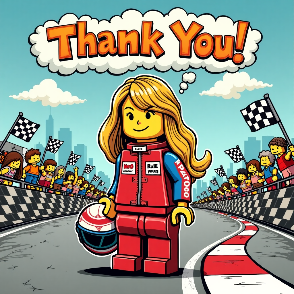 The front cover of the thank-you card depicts a whimsical scene inspired by a fusion of classic comic artistry and the vibrant world of Lego. At the center, a Lego girl stands proudly, embodying the playful spirit of a racing driver. Her Lego form is meticulously detailed with the signature blocky texture, and she sports a sleek racing jumpsuit, vibrant with splashes of red and blue, reminiscent of classic race car designs. Her helmet, perched under her arm, glistens with a glossy finish, showcasing the iconic checkered flag motif. A cascade of long, flowing blond hair streams out, crafted with the charm of Lego bricks, each strand defined and shimmering under a cartoonish sun.

Around her, the scene bursts with elements from her racing adventures. A cartoonish racetrack curves around her feet, the black and white of the track's edges delineated sharply, reminiscent of Peanuts' clear and clean lines. Miniature flags wave at various points, drawn with the detail akin to Hergé’s Tintin, while a cheerful crowd of Lego figures populates the background, their tiny, smiling faces lifted in joyous applause, echoing the lively, expressive characters found in Watterson's Calvin and Hobbes.

Above, a fluffy cloud resembling those from the skies of Little Nemo in Slumberland holds a bold, blocky text that reads “Thank You!” in vibrant, multicolored letters, playfully inspired by the dynamic titles of classic Disney animations. To her left, a tiny Lego pit stop, illustrated with a humorous touch akin to Gary Larson's The Far Side, shows a team of Lego pit crew members in mid-action, their tiny hands frozen in comical coordination, holding oversized wrenches and tools.

The scene is grounded in a beautifully rendered horizon, reminiscent of Eisner's cityscapes, with exaggerated cartoon skyscrapers in the distance, subtly enhancing the depth of the image. Each element harmonizes in a lively blend of quirky detail and nostalgic cartoon homage, making the card a heartfelt expression of gratitude with a dash of racing adventure.
Generated with these themes: Lego girl who is a racing driver , She has got long blond hair , and She is happy .
Made with ❤️ by AI.
