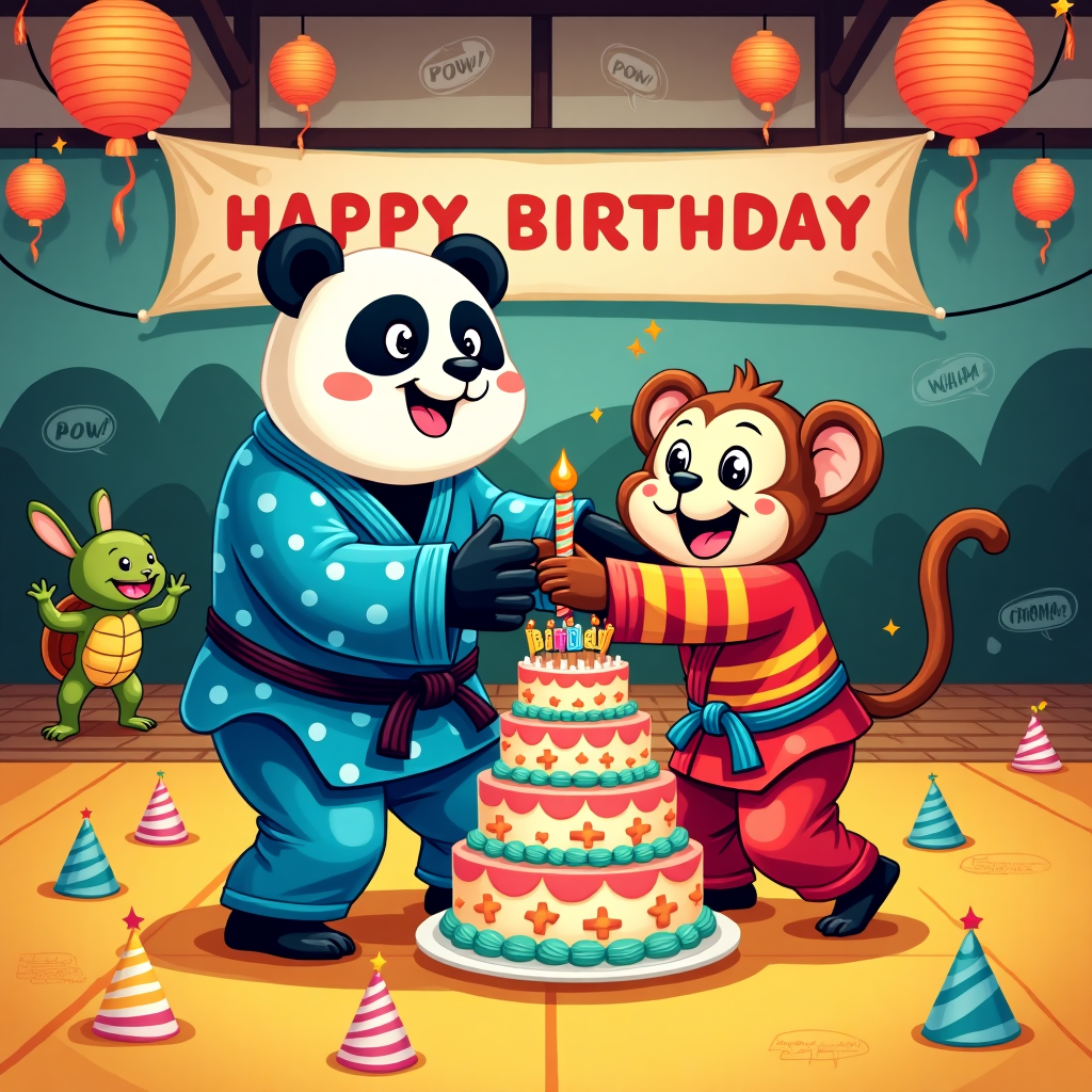 Front and center on this vibrant birthday card, imagine a lively dojo transformed into a festive birthday bash, bursting with color and whimsy. The foreground features two exaggerated, cartoon-style characters engaged in a light-hearted jiu-jitsu match, where one is an oversized panda bear, donning a brightly colored blue gi with white polka dots, and the other is a tiny, mischievous monkey in a red gi with yellow stripes. Both have over-the-top expressions of determination, with wide eyes and comically large smiles.

The panda, with its round belly and fluffy limbs, is humorously attempting to flip the monkey, whose tail is cheekily wrapped around a large birthday cake placed in the center of the dojo mat. The cake is a towering masterpiece, with multiple tiers decorated in swirling rainbow frosting and topped with a small, martial-arts-themed topper—a figurine of a jiu-jitsu belt tied in a perfect bow.

The background of the dojo is a whimsical blend of traditional and playful elements. On the tatami mat floor, there are scattered colorful party hats, each with different patterns like stripes, polka dots, and stars. Paper lanterns, in bright shades of orange, pink, and green, hang from the ceiling, swaying gently as if caught in an imaginary breeze. Along the back wall, a large, painted mural of a classic, Japanese-inspired landscape is humorously interrupted by a row of comic-style sound effects like "Pow!" and "Wham!" in bright bubble letters, capturing the playful essence of the card.

To the side, a cheerful banner stretches across the top of the card, with bold, cartoonish letters spelling out "Happy Birthday!" The banner is held up by two other animal characters, perhaps a grinning turtle in a yellow gi and a laughing rabbit in a green gi, adding to the joyful and exaggerated energy of the scene. The overall palette is bright and eye-catching, with vivid primary colors and bold outlines that make each character and element pop off the card in a style reminiscent of the playful, exaggerated art of Bill Watterson and Charles Schulz, with a hint of Osamu Tezuka's manga influence in the character design.
Generated with these themes: Jui jitsu.
Made with ❤️ by AI.