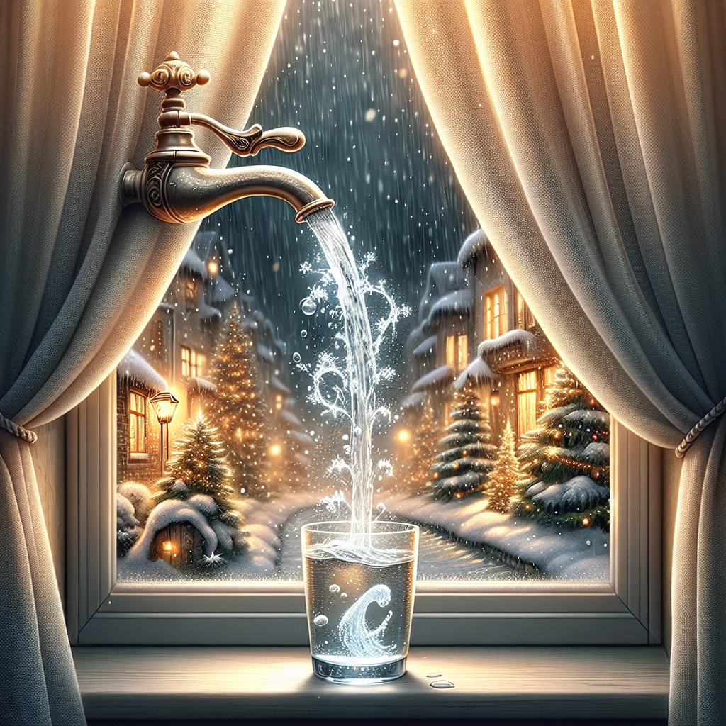 Drawing of a Christmas setting where clean water flows from a tap into a glass, placed on a windowsill. Outside the window, heavy rainfall is seen, with raindrops forming festive shapes.
Generated with these interests: Clean water running from a tap to drink, Heavy rainfall, and Sewage pipes.
Made with ❤️ by AI.