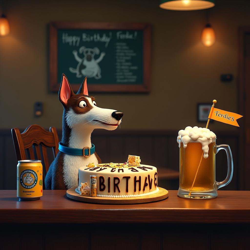 This scene unfolds inside a cozy, dimly lit pub where Ferdie is a regular. there's a bar top where a custom-made birthday cake shaped like a Bull Terrier dog lies in front of a bar stool reserved for Ferdie. The cake features realistic icing fur, a fondant collar with Ferdie's name on it, and a tiny edible beer can next to the paw. Above the bar, a chalkboard which usually lists the beer selection now reads 'Happy Birthday Ferdie!' with a drawing of a Bull Terrier raising a pint. On the bar, there are also beer bottles with custom labels featuring Ferdie's Bull Terrier, and next to the cake, a beer mug is filled to the brim with a frothy birthday brew, a small decorative flag sticking out that says 'Ferdie's Big Day.'
Generated with these themes: Bull Terrier dog, and Beer.
Made with ❤️ by AI.