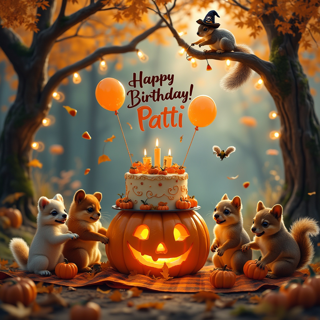 In the enchanting forest clearing, an adorable, whimsical birthday scene unfolds beneath a canopy of golden autumn leaves. The setting is an imaginative blend of a Halloween birthday celebration, featuring playful puppies, giggling babies, and mischievous squirrels. At the center of this magical scene is a large pumpkin carved with intricate designs and glowing with a friendly, warm light. Sitting atop the pumpkin is a tiered birthday cake, frosted in orange and black swirls, with delicate sugar leaves and miniature marzipan squirrels scampering around its layers.

The focal point is a string of floating, helium-filled balloons, shaped like little ghosts, bats, and pumpkins, forming the words "Happy Birthday Patti!" in a cheerful arc above the gathering. Below, a delightful assembly of puppies dressed in tiny, adorable costumes — a pirate, a witch, a bumblebee — are gathered around the pumpkin, wagging their tails excitedly. Their fluffy tails brush against a pile of vibrantly colored autumn leaves scattered around them.

Nearby, a group of chubby-cheeked babies, wearing soft, plush onesies with playful animal ears, are seated on a plush, tartan picnic blanket. Each baby holds a small, safely enclosed jack-o'-lantern, their eyes wide with delight as they shake the lanterns, which jingle softly with hidden bells. The babies giggle and point at the squirrels, who are busily collecting acorns and playful enough to toss them gently towards the babies and puppies.

In the background, a whimsical tree with gnarly branches is decorated with string lights shaped like tiny candy corns, casting a twinkling glow over the gathering. The squirrels, in their natural nimble fashion, have draped garlands of acorns and leaves from branch to branch, framing the scene like a festive autumn arch. One particularly daring squirrel has donned a small witch's hat, its tail bushy and bristled as it balances on a high branch, cheekily holding a banner that reads, "Welcome to Patti's Halloween Birthday Bash!" 

This enchanting scene captures the joyful chaos of a Halloween-themed birthday, blending the charm of puppies, the innocence of babies, and the playful antics of squirrels, all celebrating under the golden hues of an autumn sky.
Generated with these themes: puppies, babies and squirrels celebrating a Halloween birthday.
Made with ❤️ by AI.