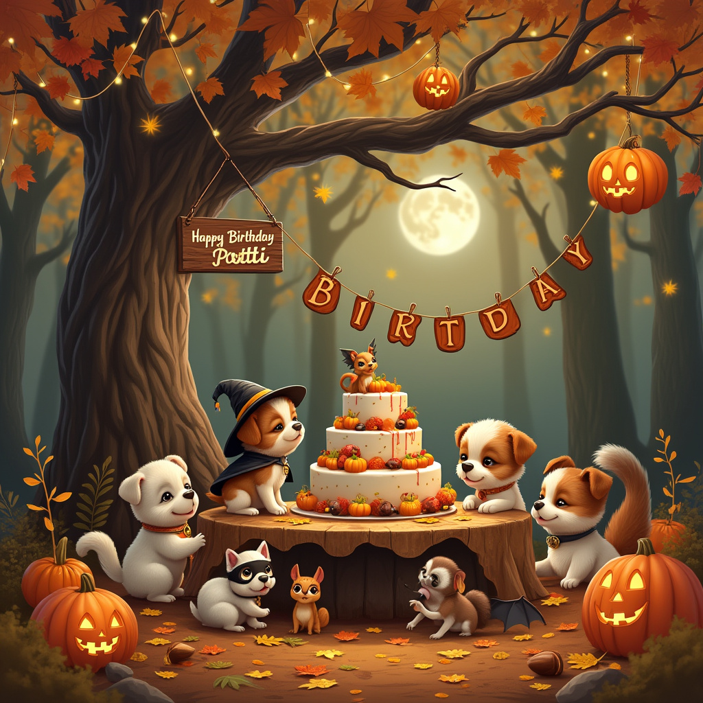 In this whimsical and enchanting birthday scene, set against the backdrop of a golden autumn forest, an adorable gathering takes place. The forest floor is blanketed with crisp, colorful leaves in shades of orange, red, and yellow. At the center of the scene stands a large, ancient oak tree with wide-spreading branches, adorned with twinkling fairy lights. Dangling from one of the branches is a rustic wooden sign that reads "Happy Birthday Patti" in elegant, playful script.

Beneath the oak, a round wooden table covered with a patchwork quilt serves as the party hub. On top of it sits a three-tiered cake decorated with little pumpkins, candy corn, and acorns. The cake topper is a tiny pumpkin carriage with the name "Patti" elegantly inscribed on its side. Around the table, a playful assembly of fluffy puppies, wide-eyed babies, and mischievous squirrels are in full celebration mode.

One baby, wearing a tiny witch hat, giggles as a puppy dressed as a bat playfully licks frosting off its nose. Nearby, a pair of twin squirrels in matching ghost costumes attempt to sneak a nut from the cake's decorations, their bushy tails twitching with excitement. Another puppy, wearing a vampire cape, eagerly wags its tail as it watches the festivities.

In the background, a banner made of leaves and twine stretches between two tree trunks, its letters spelling out "Patti" with acorns and twigs. The entire scene is lit by the warm glow of jack-o'-lanterns, intricately carved with smiling faces and positioned strategically around the area, casting playful shadows on the forest floor. High above, the moon peeks through the canopy of leaves, casting a silvery sheen over the magical birthday celebration for Patti.
Generated with these themes: puppies, babies and squirrels celebrating a Halloween birthday.
Made with ❤️ by AI.