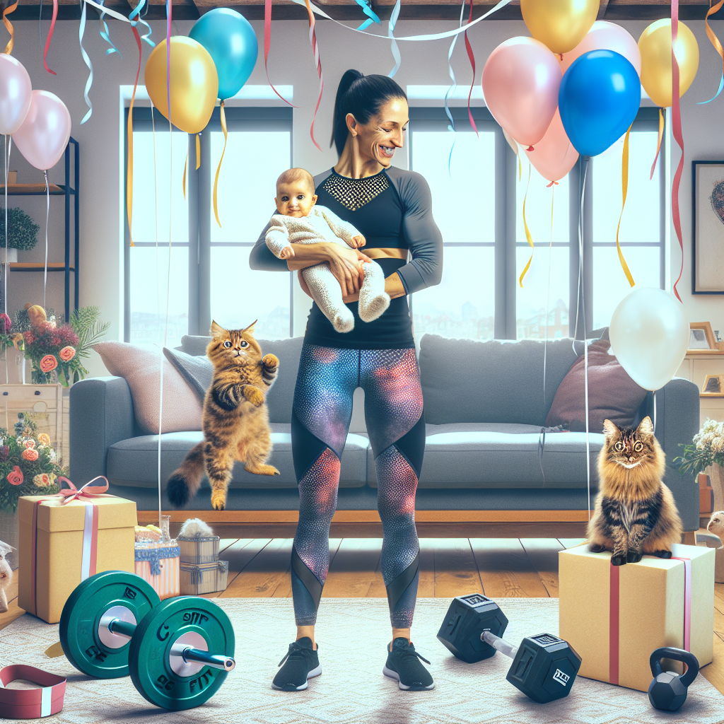 Imagine a comfortable living room adorned with festive balloons and streamers. In the heart of the scene, a female fitness enthusiast, of Hispanic descent, dressed in workout gear, is carrying baby Casey, full of joy, indicating a dynamic lifestyle. She is surrounded by discreet Crossfit gym equipment such as weights and a yoga mat, melded playfully into the festive setup. Off to one side, two feline companions displaying cheeky smiles, engage with a ribbon, adding to the essence of a family celebration with their cat-like allure.
Generated with these themes: Mum, Baby boy casey, Crossfit, and Cats.
Made with ❤️ by AI.