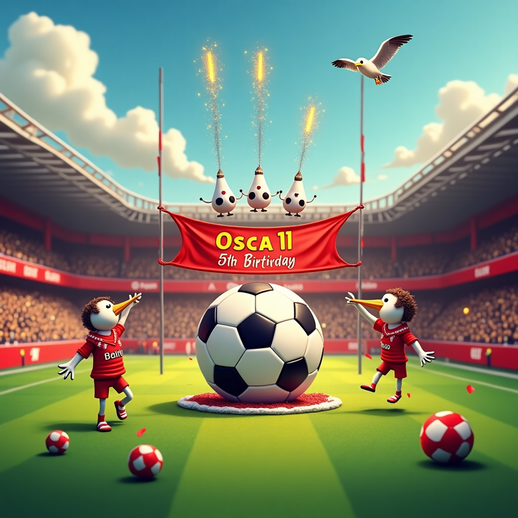 In the scene, imagine a bustling, sunny football stadium, specifically Anfield, home to the Liverpool Football Club. The pitch is a lush, vivid green, and the iconic red seats of the stadium are filled with excited fans, each wearing a classic Liverpool FC scarf. In the center of the field, there's a massive, whimsical birthday cake shaped like a football, complete with black and white pentagon panels made of fondant. The candles on top of the cake are sparklers, fizzing and sparkling as if in a live-action celebration. Above the cake, a huge banner flutters in the breeze, held aloft by two cartoon seagulls dressed in miniature Liverpool kits. The banner reads, "Oscar - 11th Birthday," in bold, cheerful letters. Nearby, a couple of players, perhaps caricatures of famous Liverpool legends, are kicking a bright red and white football that miraculously also has "Oscar" emblazoned on it in golden letters. In the sky, fluffy clouds form the numbers "11," subtly linking back to Oscar’s age. The scene is brought together with tiny details like miniature Liverpool flags scattered around, and an amusing detail of a referee blowing a party horn instead of a whistle, adding to the playful and joyful birthday atmosphere.
Generated with these themes: Liverpool football club.
Made with ❤️ by AI.