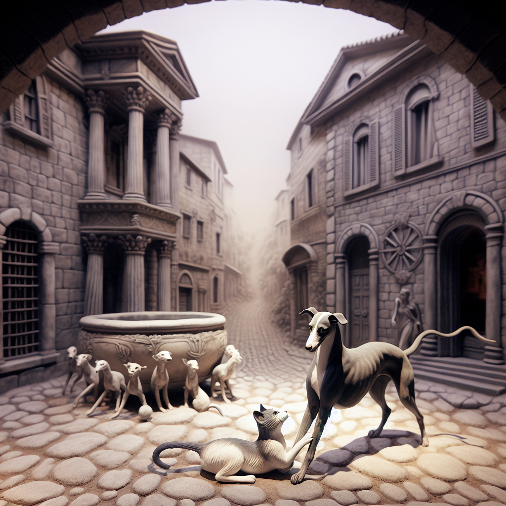 Imagine a cozy, intimate setting brimming with historical charm and ancient architecture reminiscent of a Roman city with its cobblestones and classic structures. The scenery is perfect for a romantic anniversary celebration. In the heart of this scene, a beautifully sculpted grey whippet and a white-and-black feline are playfully interacting, frozen mid-frolic, exemplifying the precious bond between two individuals. The scene is washed in gentle hues of gray, seamlessly tying together all the elements, symbolic of the timeless and enduring nature of love.
Generated with these themes: Romans, History, Grey Whippet, and White and Black cat.
Made with ❤️ by AI.