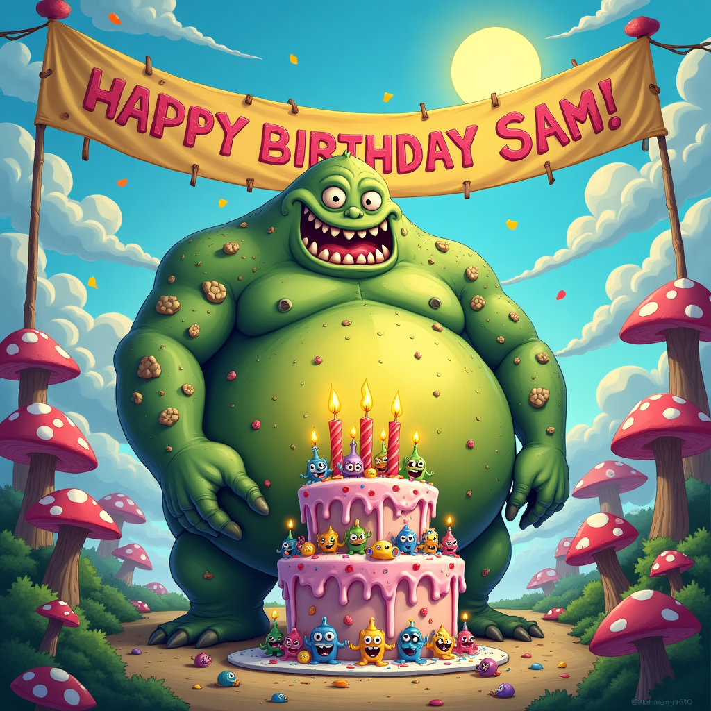 Front and center, a massive, cartoonish Great Unclean One stands, its bloated belly humorously exaggerated. Its face is comically exaggerated, with a lopsided grin and beady, mischievous eyes that seem to follow you. The creature is a vibrant mix of greens and purples, with spots of bright yellow where pustules have humorously popped, reminiscent of a cartoon character caught in an awkward moment.

Surrounding the Great Unclean One are clusters of Nurglings, depicted as impish, giggling little creatures. Their skin is a vivid green, with cheeky, wide-eyed expressions. They are scattered around like confetti, some hanging from the Great Unclean One's arms, others playfully tumbling in the foreground.

In the center of the scene, a whimsical birthday cake towers high with an exaggerated number of candles, each one animatedly flickering with a bright orange flame. The cake is frosted in layers of sickly sweet greens and pinks, with drips of icing that seem to come alive. A swarm of Nurglings climbs the cake, each holding tiny party hats.

In the background, an oversized banner stretches across the sky, its letters whimsically scrawled and wobbling as if alive. The banner reads "Happy Birthday" in big, bold letters, with "Sam" cleverly nestled in the clouds above, written in fluffy, white letters as if it were part of the sky itself.

The setting is a fantastical landscape inspired by a mix of lush cartoon greenery and surreal elements, akin to the dreamscapes of Little Nemo. Oversized mushrooms and twisting, vine-like trees create a playful, otherworldly backdrop. The sky is a whimsical blend of bright blues and purples, dotted with cartoonish clouds and a sun that smiles down on the scene, completing the fantastical birthday tableau.
Generated with these themes: Warhammer, Nurgle, Great unclean one , Nurgling , and Birthday cake .
Made with ❤️ by AI.