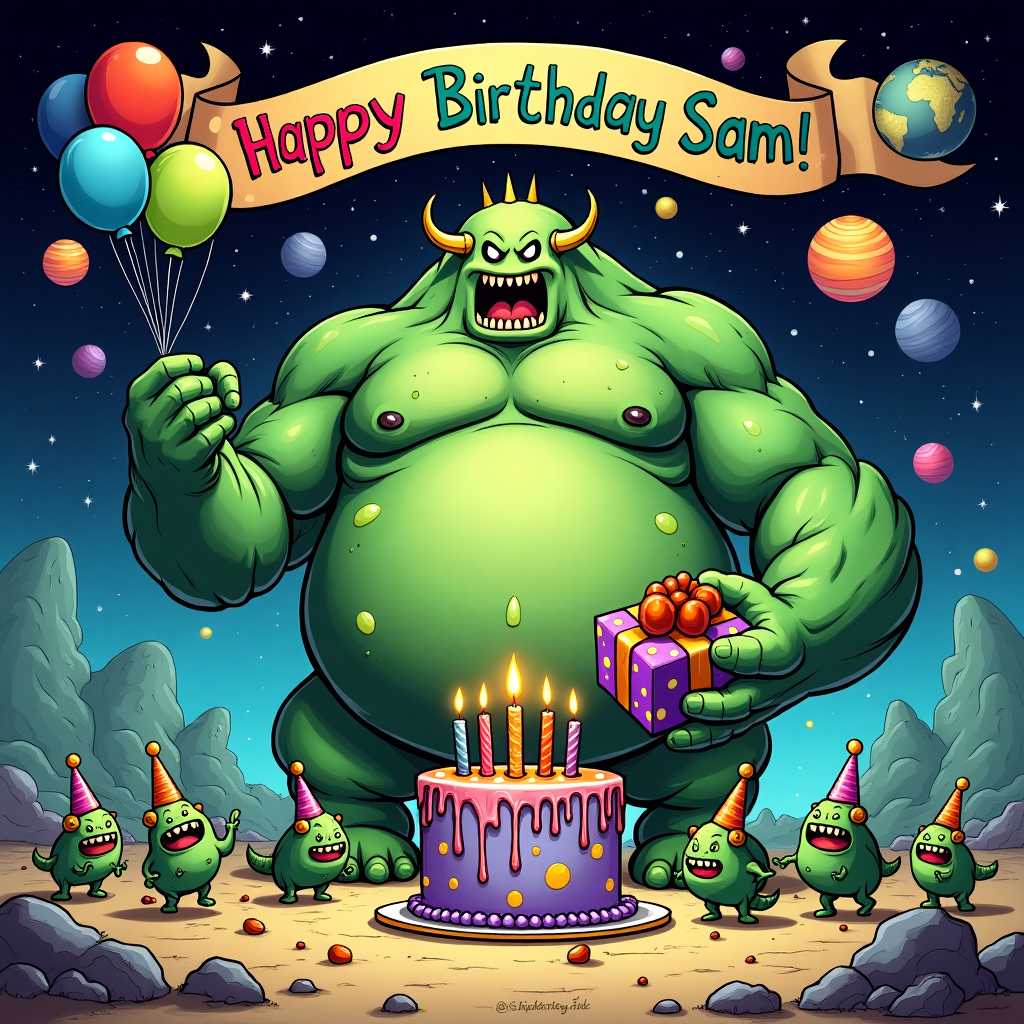 The scene is set in a vibrant, cartoonish landscape with a touch of cosmic whimsy, blending elements of Warhammer’s grim dark universe with a playful birthday celebration. The background is a starry night sky, with exaggeratedly large, round, and colorful planets. A massive, sickly green Great Unclean One stands at the center, its corpulent form rendered with exaggerated folds and bulges, like something out of a comically grotesque dream.

Around this grand creature, a group of mischievous Nurglings frolic. They are tiny, impish figures with cheeky grins, rendered in varying shades of vibrant green, some with tiny party hats precariously perched atop their heads.

In the foreground, a colossal birthday cake towers almost to the Great Unclean One's waist. The cake is an extravagant affair, iced in sickly greens and purples with drizzles of slimy goo that glisten under the starry sky. Candles on top burn with an eerie, yet cartoonishly vivid flame.

The Great Unclean One holds a festively wrapped gift in one hand, its fingers comically large and exaggerated, as if struggling to grasp the small object. The gift wrap is bright purple with yellow polka dots and a comically oversized red bow.

Balloons float nearby, their strings held by jubilant Nurglings, each balloon a vivid shade of neon green or toxic orange. They add a sense of buoyant whimsy, contrasting the grotesque centerpiece.

A colorful banner, held aloft by two jolly Nurglings, stretches across the top of the scene. Written in bold, playful letters, it reads “Happy Birthday Sam!” Each letter is uniquely styled, reflecting the chaotic yet cheerful nature of the gathering.

The style is a blend of Charles Schulz's clean lines, with the expressive exaggerations reminiscent of Bill Watterson’s playful forms. The palette is inspired by R. Crumb’s vibrant underground comix, bringing an unexpected pop to the typically grim Warhammer theme, making it both amusing and visually captivating.
Generated with these themes: Warhammer, Nurgle, Great unclean one , Nurgling , and Birthday cake .
Made with ❤️ by AI.