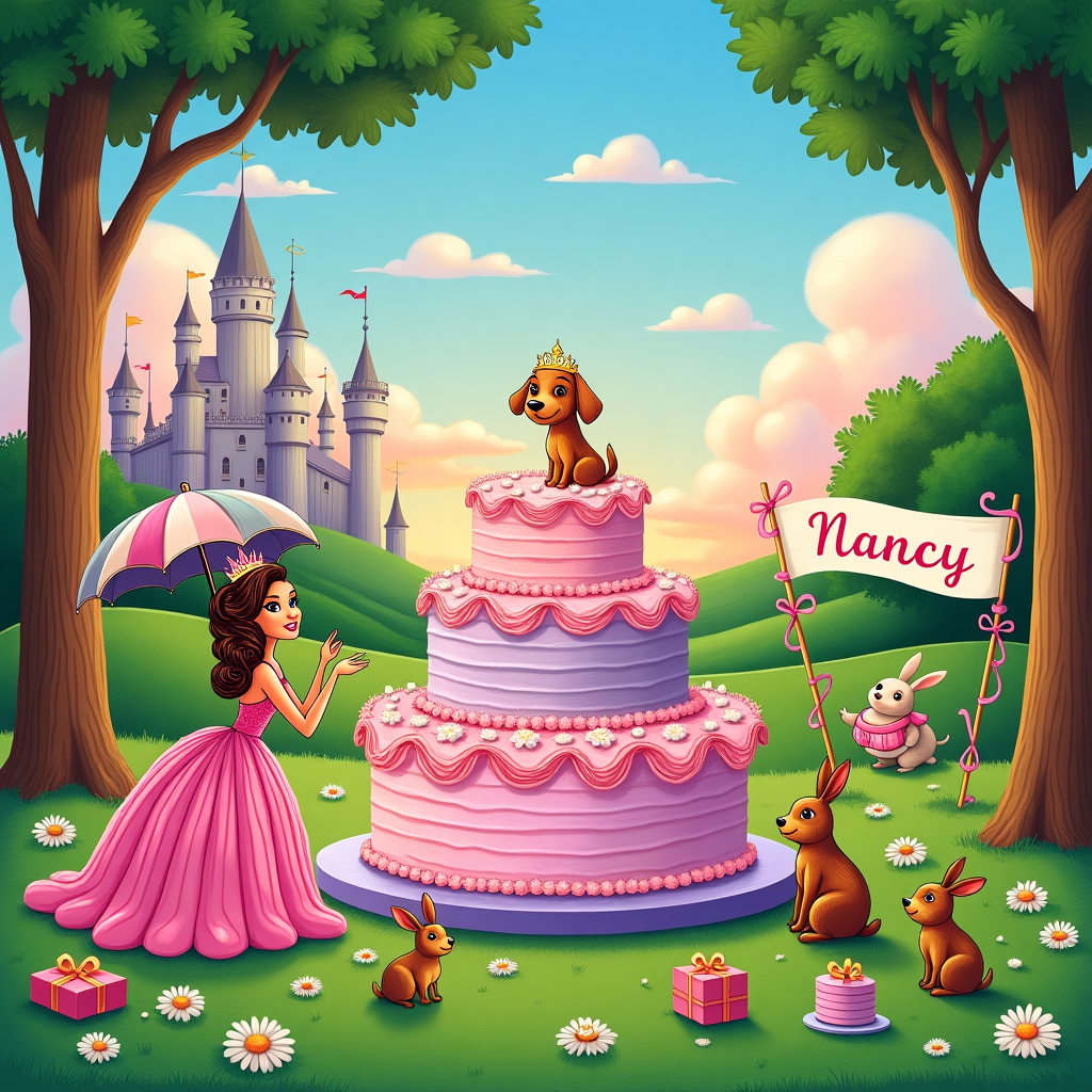 Front and center, imagine a whimsically detailed scene on a lush, rolling green lawn, with a candy-colored sky dotted with fluffy clouds. At the heart of the composition, a grand birthday cake sits upon a beautifully decorated table, iced in vibrant pinks and purples. The cake is topped with a small, intricately crafted figurine of a sausage dog wearing a golden princess tiara. Each layer of the cake is meticulously frosted with swirls and curls, adorned with tiny edible flowers.

Seated around the cake are lively, hand-drawn characters reminiscent of Aubrey Beardsley's fluid line work but with a dash of Quentin Blake's playful exaggeration. In the foreground, a charismatic Barbie is depicted in a 1920s flapper-inspired gown, her dress cascading with delicate layers of pastel fabrics. Her hair is styled in elegant curls, adorned with sparkling accessories. She appears to be sharing an animated conversation with the sausage dog princess.

Nearby, under a whimsical, candy-striped tent reminiscent of Maurice Sendak's storytelling, a cheerful banner flutters in the breeze, boldly displaying the name "Nancy" in elegant, calligraphic letters. The banner is held up by two festooned poles wrapped in pastel ribbons.

Scattered across the grass are vibrant, Beatrix Potter-like details: daisies with smiley faces, colorful party hats, and gift boxes wrapped in shimmering paper. A small gathering of animals—rabbits in waistcoats, and mice in tiny dresses—add to the scene's storytelling charm, as they engage in festive antics.

In the background, framed by N.C. Wyeth-style towering trees, are dream-like castles with turrets that gleam in Maxfield Parrish's signature twilight hues of deep blue and lavender. The sky transitions into an enchanting sunset with hues of orange and pink, reminiscent of a Gustave Doré fairy-tale landscape.

The overall composition is alive with the sense of a vibrant, detailed narrative, encouraging the viewer to explore each quirky element, ensuring that the whimsical, creative spirit is perfectly captured for Nancy's 5th birthday celebration.
Generated with these themes: Barbie, 5th Birthday, Sausage dog, and Princess.
Made with ❤️ by AI.
