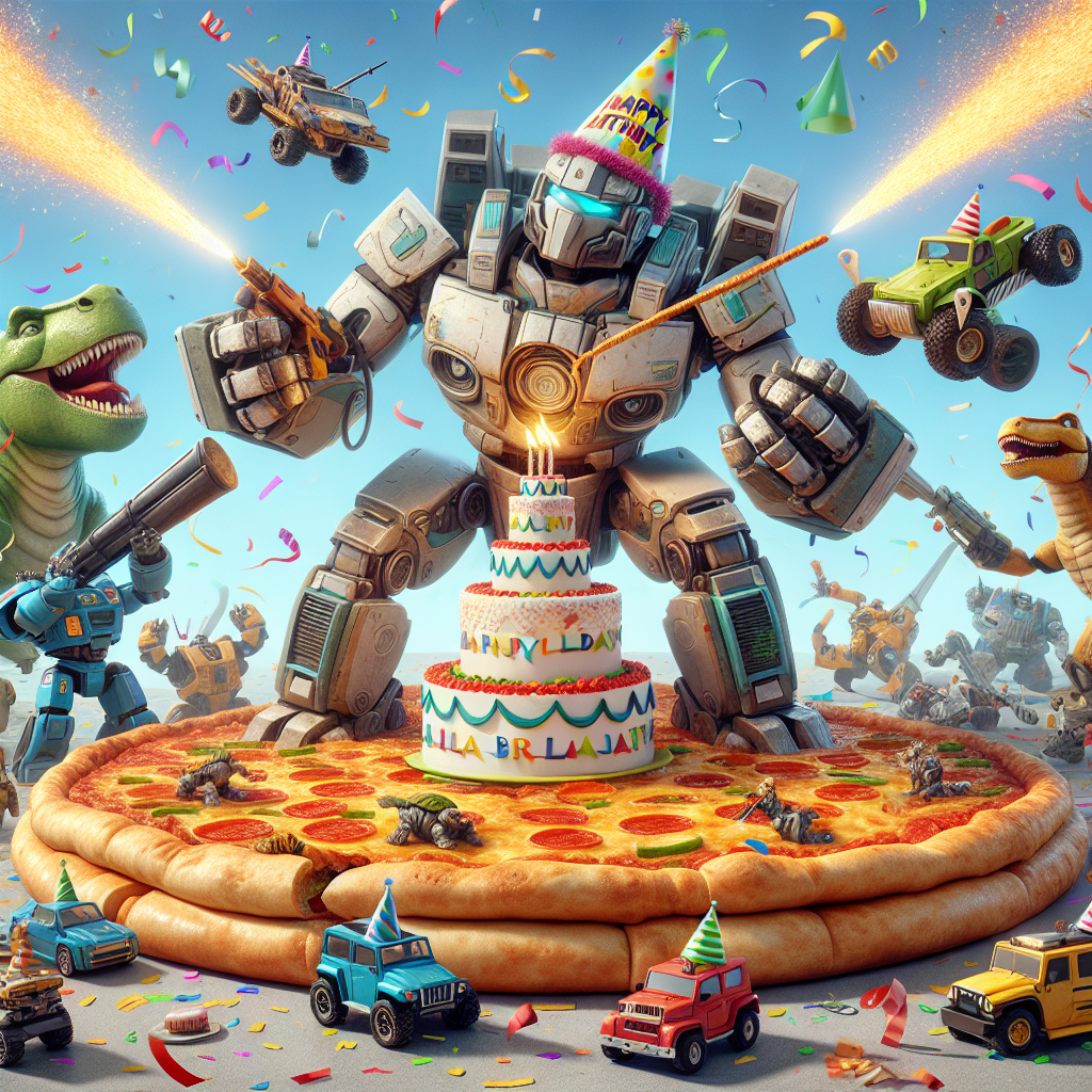 An exuberant animated birthday scene unfolds with two giant robot toys playfully wrestling atop a colossal, multi-layered pizza, serving as the party's edible highlight. Surrounding them, joyful armored vehicles, sporting party hats, launch an abundance of multi-colored paper fragments up into the atmosphere, while an enormous, friendly dinosaur-like creature, donning a festive birthday diadem, chuckles and tries to put out the flames on a petite cake. The cake is held at a safe distance from the doughy, saucy, cheese-laden battleground.
Generated with these themes: Transformers, Tanks, Godzilla, and Pizza.
Made with ❤️ by AI.