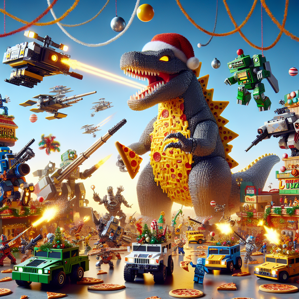 The scenery captures a lively celebration brimming with playful caricature-style antics characterized by a group of differently shaped and colored robots, reminiscent of popular fictional blockish cohorts, jokingly clash using pizza slices as defenses. Decorated armored vehicles enriched with festivity strings maneuver around, firing orbs of helium instead of artillery towards the heavens. Central to the festive chaos, a colossal dinosaur-like creature, known as a mighty Kaiju, ascends above a cheese-dressed panorama, a festive cap adrift on its crown, as it trumpets a jovial commemoratory tune that makes the flames on an adjacent dessert waver.
Generated with these themes: Transformers, Tanks, Godzilla, and Pizza.
Made with ❤️ by AI.