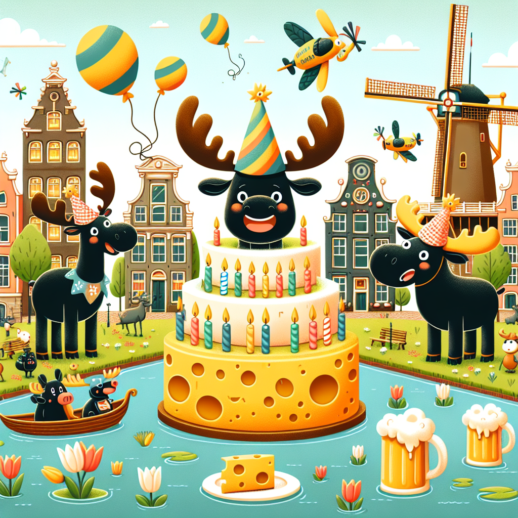 Create an image with a delightful cartoon birthday theme set in Amsterdam with its distinctive canals and Dutch style structures. Illustrate joyful moose characters, of different descents like South Asian, Black, and Caucasian, each wearing party hats and congregated around a massive cheese wheel cake adorned with candles. Floating beer steins and a fanciful lighthouse in the far off replete the festive aura, while tulips and windmills subtly hint towards the Netherlands environment.
Generated with these themes: Amsterdam, Beer, Cheese, Lighthouse , Netherlands , and Moose.
Made with ❤️ by AI.