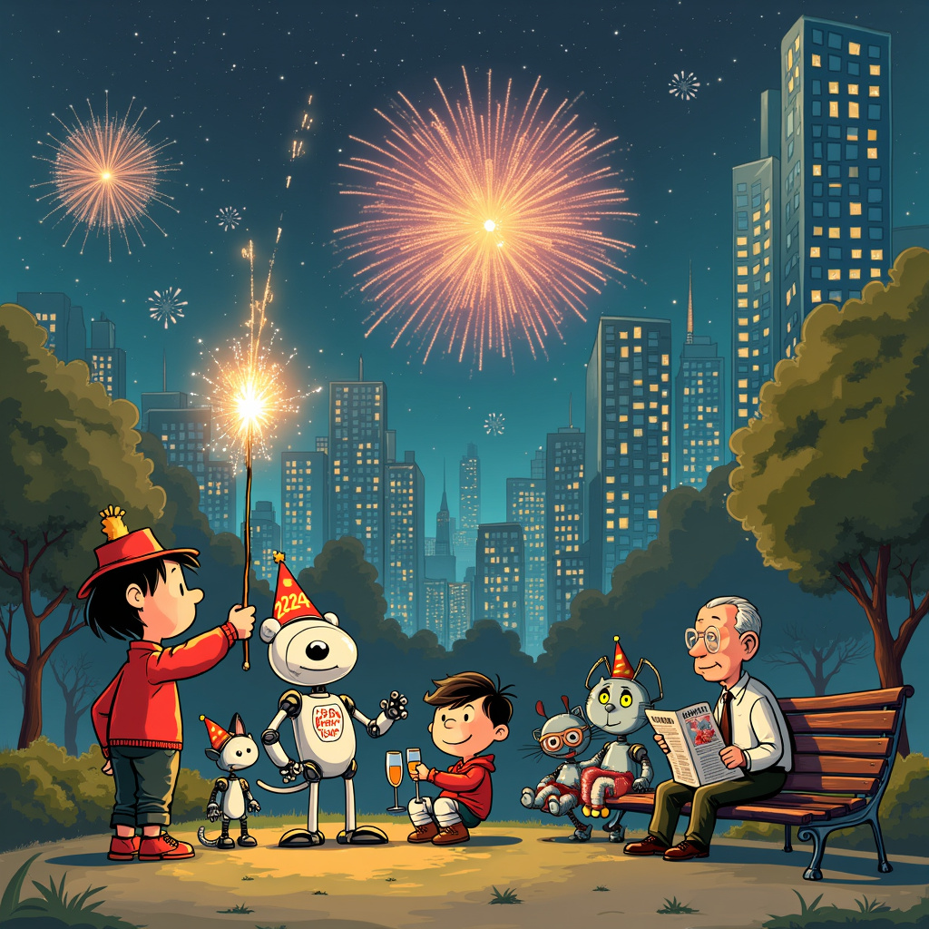 The scene is set in a lively cityscape on New Year's Eve, where the sky is bursting with vibrant fireworks of all shapes and sizes, their lights reflecting off the tall buildings and busy streets below. Imagine a bustling urban park filled with characters resembling a mash-up of Schulz’s Peanuts and Tezuka’s Astro Boy, creating an ensemble of charmingly quirky, human-like robots celebrating the New Year.

In the foreground, a mischievous robot boy akin to Calvin from "Calvin and Hobbes" is holding a giant, sparking sparkler, which looks like a futuristic wand with animated lights dancing around it. Beside him, an astro-girl with sleek metallic features, reminiscent of Astro Boy’s sister, is happily programming a small drone to carry a “Happy New Year” banner made out of holographic material that shimmers with various colors. The drone itself has a playful, cartoony design with eyes and a big, cheerful grin.

To the left, there’s a group of comical, Far Side-esque AI critters gathered around a futuristic tree that resembles a combination of a Christmas tree and a server rack, decorated with neon lights and binary code ornaments. One of the critters, a small robot dog with exaggerated features, is enthusiastically wagging its mechanical tail as it wears a party hat with “2024” flashing in LED lights.

In the background, a sophisticated, Eisner-inspired AI couple is sharing a toast with glowing, futuristic champagne glasses that light up with a luminescent glow. The gentleman robot is tipping his hat, which is adorned with circuits and gears, while the lady robot’s dress shimmers with an array of colors, resembling Art Spiegelman’s intricate designs.

On a nearby bench, a slightly older robot with a newspaper headlined "The Ultimate Guide to AI-Generated New Year Cards" sits with a friendly, bug-eyed robot cat curled up on his lap. The newspaper has panels that resemble old comic strips, showing snippets of different AI-generated greeting cards, bringing in the element of vintage comics with a modern twist.

Above, a billboard featuring a charismatic, manga-inspired AI character cheerfully exclaims, “Happy New Year from the AI Team!” with fireworks exploding in the background, adding an extra layer of excitement to the festive atmosphere. The cityscape is detailed with futuristic vehicles, robotic pedestrians, and neon signs, all contributing to a dynamic, bustling New Year celebration scene.
Generated with these themes: The Ultimate Guide to AI-Generated New Year Cards.
Made with ❤️ by AI.
