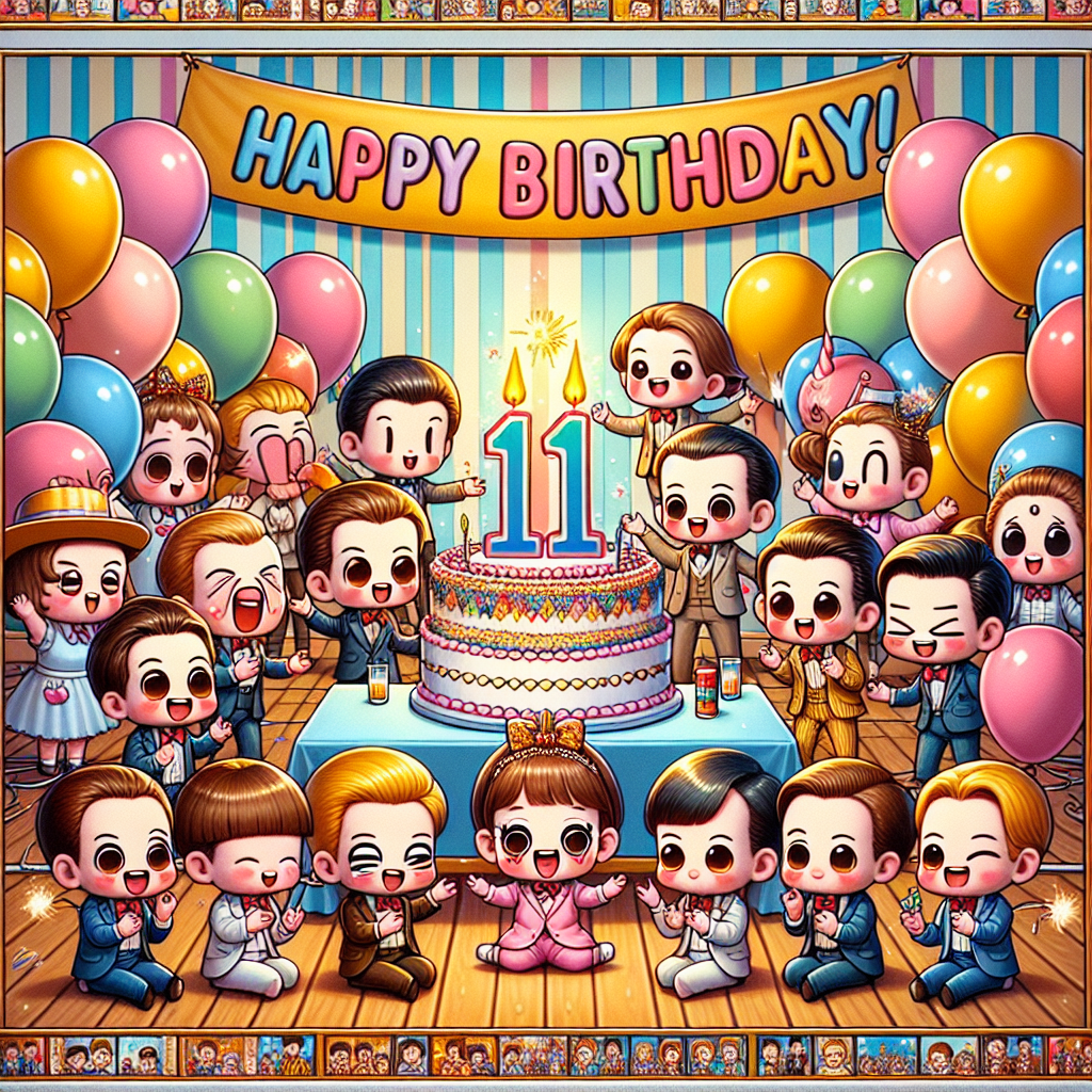 A lively and jubilant birthday celebration in a cheerful room. The background is vibrant with pastel balloons, and there's a festive banner proclaiming 'Happy Birthday!' In the center, a significant, colourful '11' is the attraction amidst the joyful decorations. Borders of the scene are decorated with panels reminiscent of classical comic strips style, each showing generic characters demonstrating cute and exaggerated festive happiness. The adorable small-sized caricatures, an artistic technique often used for cuteness, are gathered around a cake decorated with magical sparklers.
Generated with these themes: Anime characters , Manga, Number 11, and Birthday.
Made with ❤️ by AI.