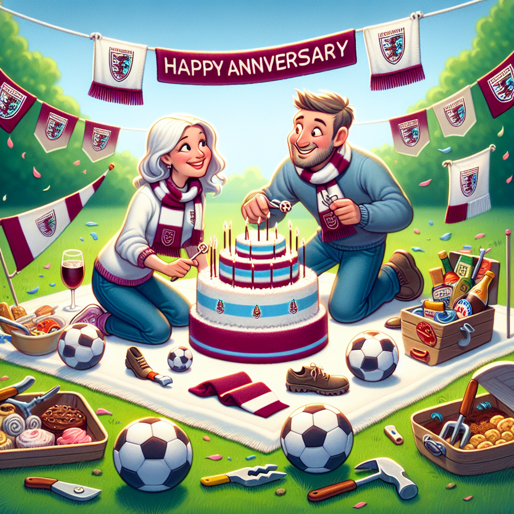 In this delightful cartoon, an anniversary picnic unfolds on a miniature soccer field, adorned with scarves and flags associated with a much-loved soccer team in white, claret, and blue color scheme waving gently in the breeze. A whimsical assortment of snacks shaped like soccer balls are scattered around. A cheerful couple each of Caucasian descent, one male and one female, dressed in the aforementioned team's attire exchange affectionate glances while playfully constructing a cake topper shaped like work tools, celebrating a mutual passion for soccer and their profession.
Generated with these themes: West ham, Football, Crisps, and Tools.
Made with ❤️ by AI.
