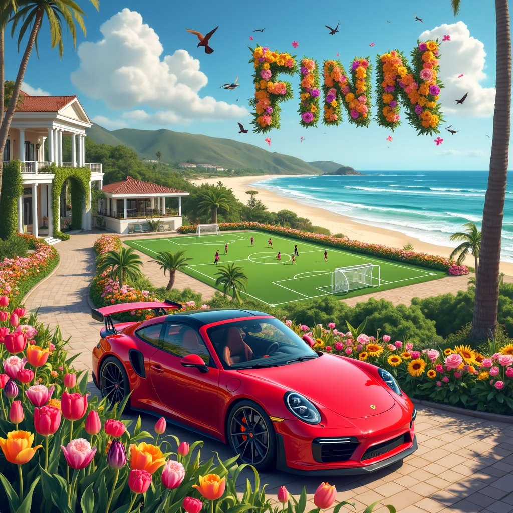In the foreground, we see a magnificent flower bed bursting with vibrant tulips, roses, and sunflowers, forming a rainbow of colors. A sleek, red Porsche 911 is parked on a winding driveway next to the flower bed, its glossy exterior reflecting the sunlight. The driveway leads up to an opulent mansion with towering columns and large windows, suggesting immense luxury. 

To the left of the mansion, there is a sprawling lawn of rolling green hills that stretch out to the horizon. Nestled within these hills is a state-of-the-art football pitch, complete with goalposts and flags fluttering in the breeze. A group of jubilant players are in the middle of a match, celebrating a recent goal with raised arms and wide smiles.

In the background, beyond the hills, a beach house stands elegantly by the shore. Its white exterior contrasts with the golden sands and the azure waves gently lapping at the beach. Surfboards and beach chairs are scattered around the house, inviting thoughts of relaxation and fun.

Above this picturesque scene, the sky is a brilliant blue with fluffy clouds drifting lazily. Written in these clouds, in bold and playful letters, is the name "FINN," as if the sky itself is celebrating Finn’s achievement. Birds fly joyfully around the cloud letters, adding to the sense of celebration.

This intricate scene is brimming with elements that weave together football, a Porsche, a mansion, a beach house, rolling green hills, and a flower bed, all under the celebratory banner of Finn’s name in the sky.
Generated with these themes: Football, Porsche, Mansion, Beach house, Rolling green hills, and Flower bed.
Made with ❤️ by AI.