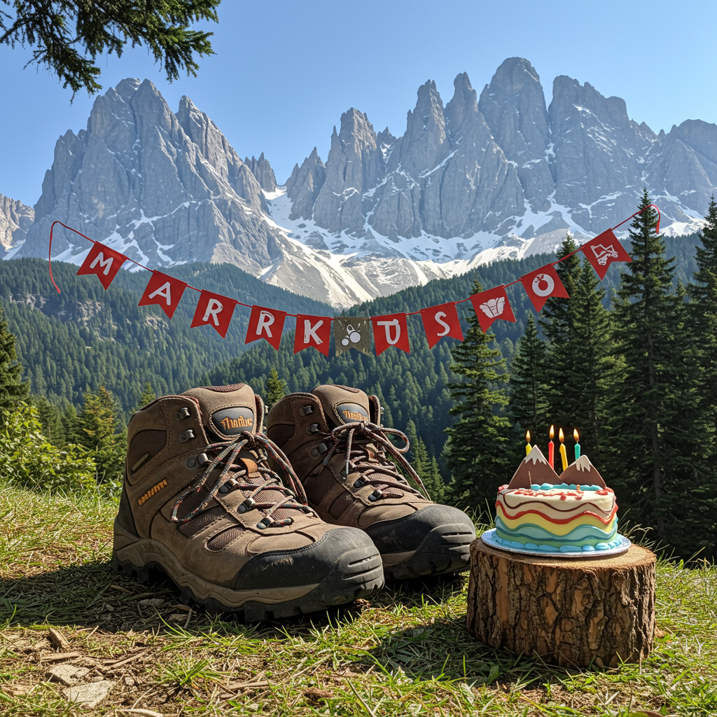 Front Cover Description for Birthday Greeting Card:

Imagine a sunlit mountain range with rugged, towering peaks covered in a dusting of snow, creating a stark contrast against a crisp, azure sky. The mountains dominate the background, showcasing their majestic heights and craggy surfaces, while the foreground is lively with lush green foliage and rocky paths, suggesting a popular hiking spot.

Prominently in the center, a pair of well-worn hiking shoes are comically exaggerated in size, resting on a flat, grassy patch. The shoes are a deep earthy brown, with thick, sturdy soles, intricate laces tightly tied, and patches of dirt clinging to the leather—suggesting many adventurous treks.

To the left, an eye-catching, brightly colored banner is strung between two trees. The banner is made from vibrant red fabric, with the name "Markus" emblazoned in large, bold white letters, perhaps with some decorative hiking-themed icons like mini compasses or mountain silhouettes interspersed between the letters.

In the bottom right corner, a small, whimsically decorated birthday cake sits atop a wooden stump. The cake is a mix of earthy colors, with a frosting pattern that resembles a topographic map, featuring little edible mountains made from chocolate. Thin candles sprout from the summit of the tallest chocolate peak.

The overall scene is bathed in soft, natural light, casting gentle shadows from the shoes and trees, capturing a sense of the serene yet adventurous spirit of the great outdoors.
Generated with these themes: Mountains , and Hiking Shoes.
Made with ❤️ by AI.