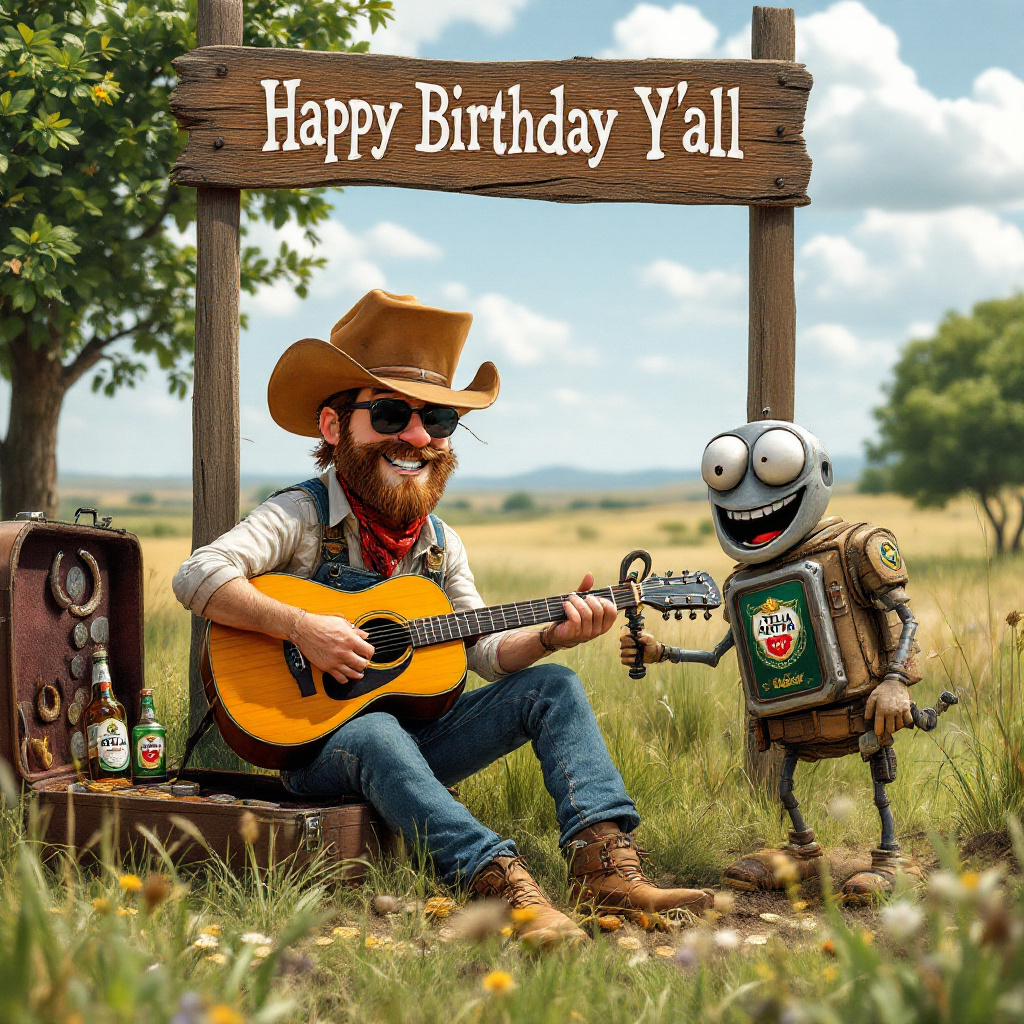 In the middle of a sprawling country landscape, a lively birthday party unfolds with a touch of whimsy and unexpected adventures. At the forefront, a jubilant character resembling a modern-day cowboy, complete with a wide-brimmed hat and denim overalls, strums an acoustic guitar under a rustic wooden sign that reads "Happy Birthday Y'all!" His guitar case, adorned with shiny metal detecting stickers, lies open beside him with a few coins and a rusty horseshoe inside, suggesting recent treasure hunting endeavors. 

Next to him, a cartoonish metal detector character springs to life, its coil transformed into a gleeful face, with a smile and curious eyes, eagerly scanning the grassy terrain. In its animated pursuit, it’s discovered an odd assortment of treasures, including a bottle of Stella Artois half-buried in the earth, and a small, vintage whisky flask, slightly dented but with an aura of storied adventures.

The scene further unfolds with a whimsical twist: a giant, multi-layered birthday cake stands proudly on a picnic table. The cake is creatively decorated with frosting to resemble the landscape, featuring miniature rolling hills and tiny figures with cowboy hats made of marzipan. One side of the cake is topped with a sparkling whisky barrel candle, casting a warm glow that beckons everyone around.

Surrounding the cake are guests who each represent a unique blend of country and urban life, some sporting oversized belt buckles, while others are clad in rock band t-shirts. One character in a flannel shirt holds up a bottle of Stella in a toast, while another, with headphones and a mischievous smile, balances a metal detector on his shoulder.

In the background, barnyard animals join the celebration, with a cartoon cow wearing a bandana and tapping its hoof to the music, while chickens peck around comically at the crumbs of the cake. Overhead, colorful bunting stretches between two towering oak trees, framing the scene and adding a festive touch to this cartoon country jamboree.
Generated with these themes: Country music, Metal detecting, Stella Artois, Whisky, and Cake.
Made with ❤️ by AI.