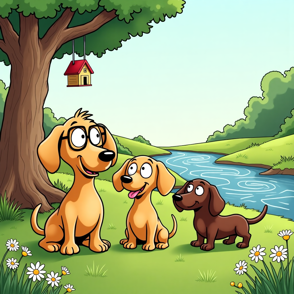 Front and center on the greeting card, imagine a playful, cartoon-style scene inspired by the storytelling charm of Charles Schulz and the whimsy of Bill Watterson.

**Characters:**
1. **Elderly Dachshund:** This pooch is a blonde, with a distinguished look. The ears are floppy and slightly oversized, falling down like curtains on either side of the face. The eyes are big and cartoonishly sparkling, perhaps slightly droopy to signify age, adorned with exaggerated spectacles perched on its snout. Its coat is a soft yellow hue, with subtle white streaks, almost as if touched by a gentle sunlight. 
   
2. **Young Dachshund:** A cream-colored bundle of energy, this pup is drawn with exaggeratedly long, floppy ears and a tiny, wagging tail. The cream coat is smooth, with hints of golden highlights. Its eyes are wide and twinkling, with a little pink tongue peeking out, ready for adventure. 

3. **Chocolatey Brown Dachshund:** This one is smaller but brimming with character. Its fur is a rich, deep chocolate brown, with hilariously expressive raccoon-like eyebrows arched above its eyes, giving it an endearing look of perpetual curiosity. The paws are slightly oversized, adding a comedic touch, perfect for a mischievous pose.

**Setting:**
- **Background Elements:** The scene unfolds in an idyllic backyard, detailed with lush green grass that seems almost plush to the touch. A few daisies and dandelions are scattered throughout, offering pops of white and yellow. In the distance, a small, gently babbling creek meanders through the landscape, the water depicted with swirling blue and white lines reminiscent of a Tezuka manga panel. 

- **Additional Elements:** A gnarled, cartoon-style tree with a generous canopy sits to one side, its trunk wide and strong with spiraled patterns etched into the bark, a nod to Hergé's clean line work. Nearby, a small, colorful birdhouse dangles from a branch, echoing the Disney-like vibrant color palette. A few birds, drawn with comical, oversized eyes, are perched atop, with exaggerated wing flaps as if ready to take flight.

**Other Details:**
- **Objects:** A red-and-white checkered picnic blanket lies on the grass, with a birthday cake extravagantly frosted in pastel pinks and blues. Three candles burn merrily atop it, each one casting a tiny flicker that dances in the breeze. A couple of gift boxes, drawn with exaggeratedly large, floppy bows in bright primary colors, are haphazardly scattered nearby. 

Incorporating this visual, cartoonish style brings together the playfulness and character-driven charm of classic comic strip art, creating a scene that pops with color and detail, perfect for a joyous birthday greeting card.
Generated with these themes: Happy Birthday card with three dachshunds on the front. One is elderly and blonde; another is cream colored and young; the third is chocolatey brown colored with cute raccoon like eyebrows. They are in an idyllic backyard with a creek..
Made with ❤️ by AI.