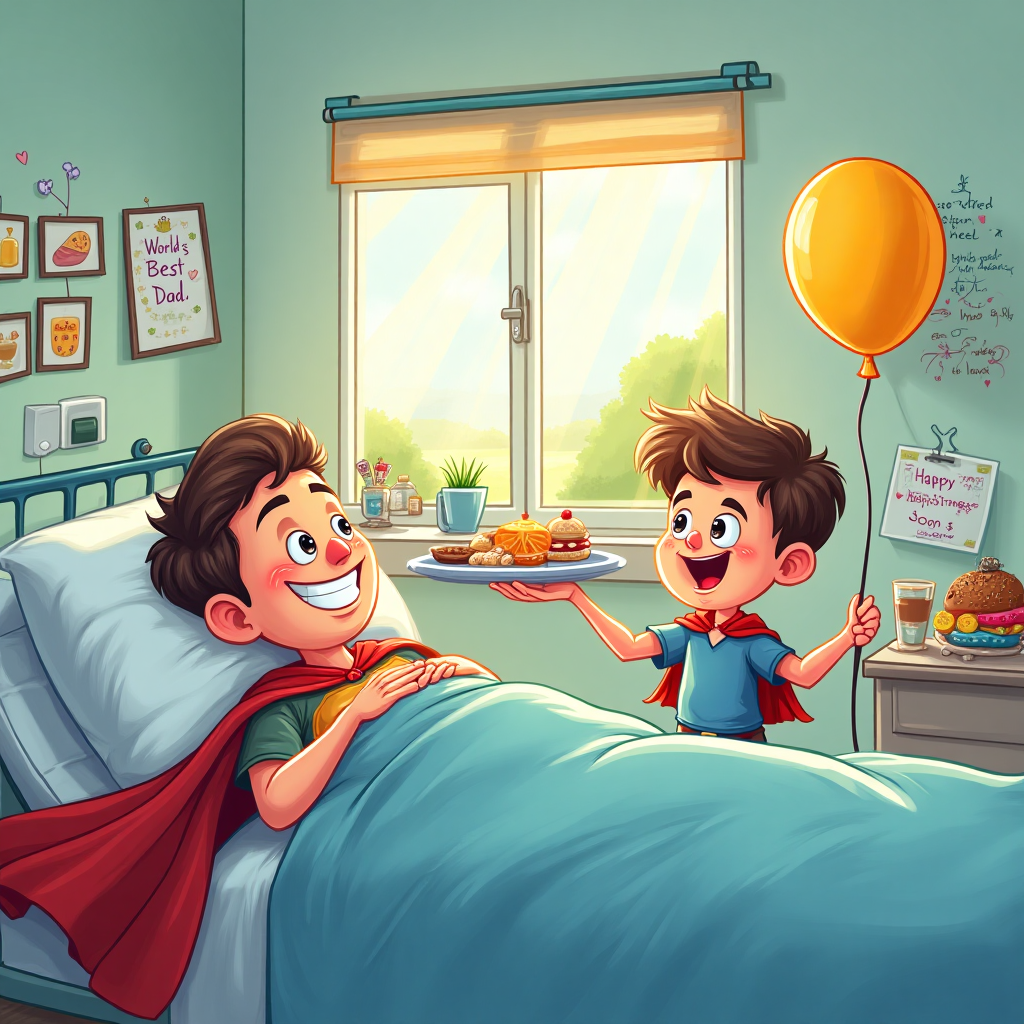 At the top of the Cartoon Style image, **Happy Father's Day while you are in hospital**.

**Image Description:**

The scene is set in a bright and cheerful hospital room filled with vibrant colors and whimsical details. In the center, a cartoon-style dad is lounging in a cozy hospital bed, his exaggeratedly large head propped up on fluffy pillows. Despite his recovery, he's wearing a cheeky grin and a superhero cape draped over his shoulders, symbolizing his super dad status. 

Next to the bed, a cartoon version of his child, with big round eyes and a playful smile, is holding a "Get Well Soon" balloon in one hand and a tray of colorful breakfast goodies in the other. The walls are adorned with bright, handmade drawings, including one that says "World's Best Dad" in child-like scribbles.

Above the scene, cheerful rays of sunlight beam through a cartoon window, adding warmth and positivity to the atmosphere. A small, cheeky text bubble near the dad reads: "Even superheroes need a day off!" 

The entire image radiates love, humor, and well-wishes, perfect for a father's day card that's both heartwarming and lighthearted.
Generated with these themes: Wishing my dad a lovely father's day while he is recovering from pneumonia in hospital, and .
Made with ❤️ by AI.