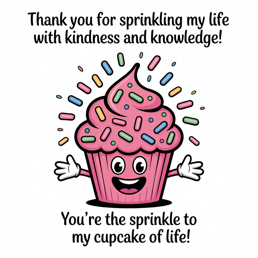At the top of the image, "Thank you for sprinkling my life with Kindness and Knowledge!"

- In the center of the image, depict a cheerful cartoon cupcake character with a wide smile and arms open in a welcoming gesture. The cupcake is adorned with colorful sprinkles that seem to be joyfully leaping off its top, forming a playful, swirling pattern.

At the bottom of the image, add "You're the sprinkle to my cupcake of life!"
Generated with these themes: Cupcakes , and .
Made with ❤️ by AI.