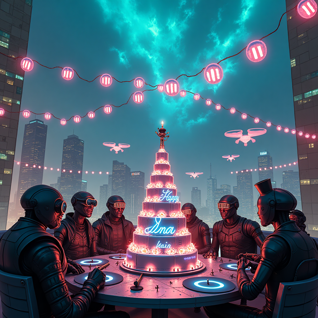 Metal Made Flesh style cyberpunk birthday party with cake and hats Birthday Card