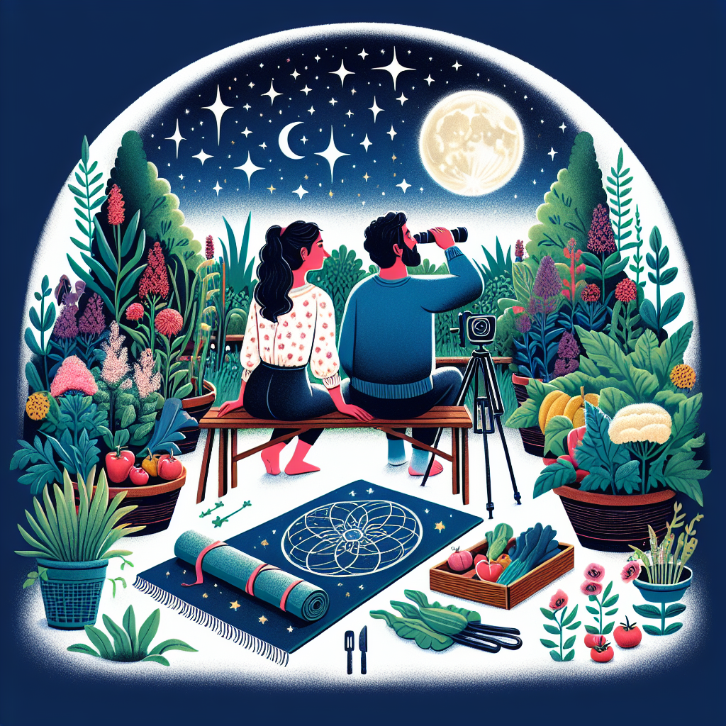Create a heartwarming illustration that celebrates an anniversary combining elements of astronomy, gardening, and yoga. In the center of the image, depict a couple of mixed descent - one Hispanic woman and one Middle-Eastern man - sitting on a bench in a garden bathed in moonlight, engrossed in observing the star-studded sky. Frame them with lush plants laden with flowers and vegetables, indicating their shared hobby in gardening. In the foreground, place a yoga mat with props, indicating their inclination towards holistic health and harmony, all set to be used for a peaceful yoga session under the celestial canvas above.
Generated with these themes: Astronomy, Gardening, and Yoga.
Made with ❤️ by AI.