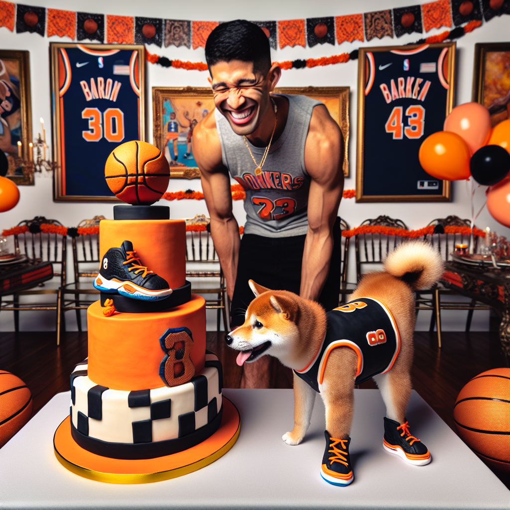 A jocose and vivid birth anniversary tableau unravels with a Cake central to the vision ornamented with sugarpaste basketball shoes and hoops, embodying the spirit of basketball. Banners and balloons embellish the room in rich shades of oranges and blacks, reflective of a basketball playground. The main attendee, a Hispanic man, giggles as a Shiba Inu dog ambles in donning a petite jersey and balancing a basketball on its snout, introducing an enjoyable touch of authenticity to the celebration.
Generated with these themes: Basketball , and Shiba Inu Dog.
Made with ❤️ by AI.