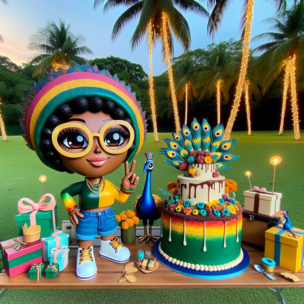 Picture an appealing birthday-themed park scene, subtly infused with aesthetic elements distinctive of Indian culture like peacocks and marigold flowers. An unidentified charismatic woman, painted in a cute, stylized form, is adorned in a vibrant outfit inspired by Jamaican fashion. She is characterized by her bobble head and large sunglasses, playfully posing next to a delightfully crafted birthday cake that takes the center stage on a picnic table. Palm trees festooned with twinkling lights flank the setting, creating an ambiance of tranquil celebration. The scene is animated by gift boxes, balloons, and cake icing, all of which take on the hues of the Jamaican flag, beautifully tying together this harmonious intercultural festive scenario.
Generated with these themes: India, Beyonce, Jamaica .
Made with ❤️ by AI.